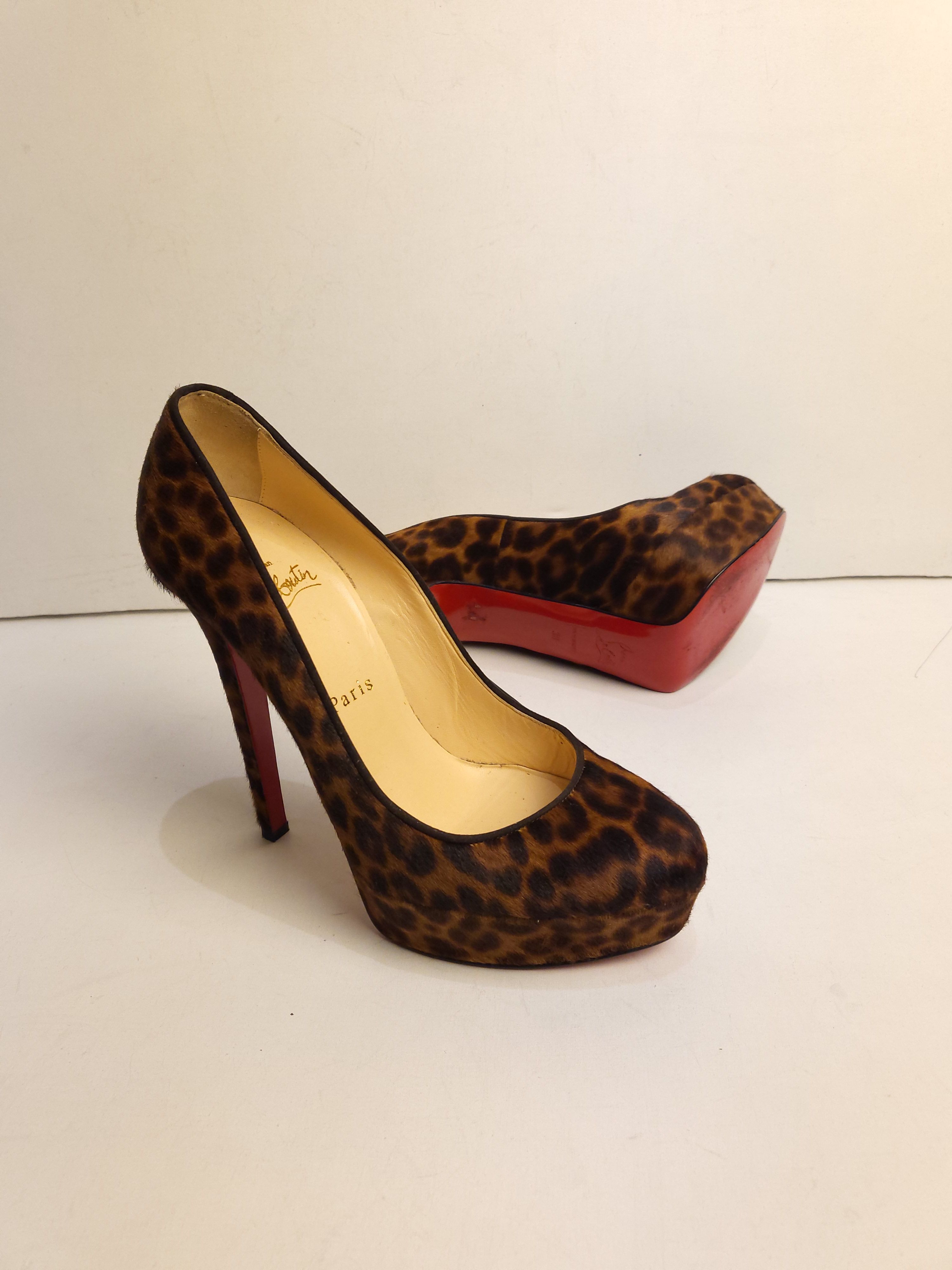 Preowned Christian Louboutin leopard print pony hair heeled pumps Size 38 Brown eel