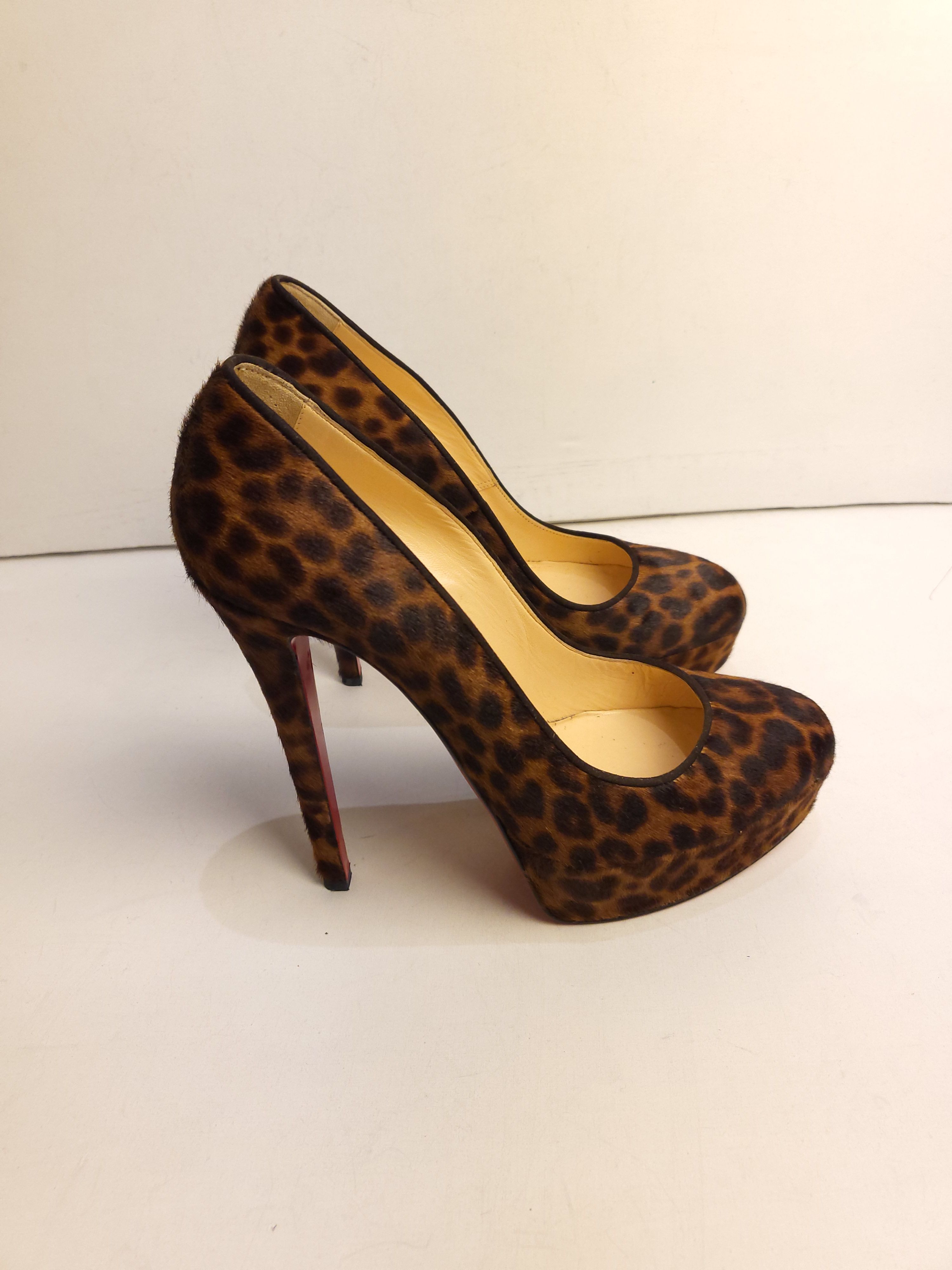 Preowned Christian Louboutin leopard print pony hair heeled pumps Size 38 Brown eel