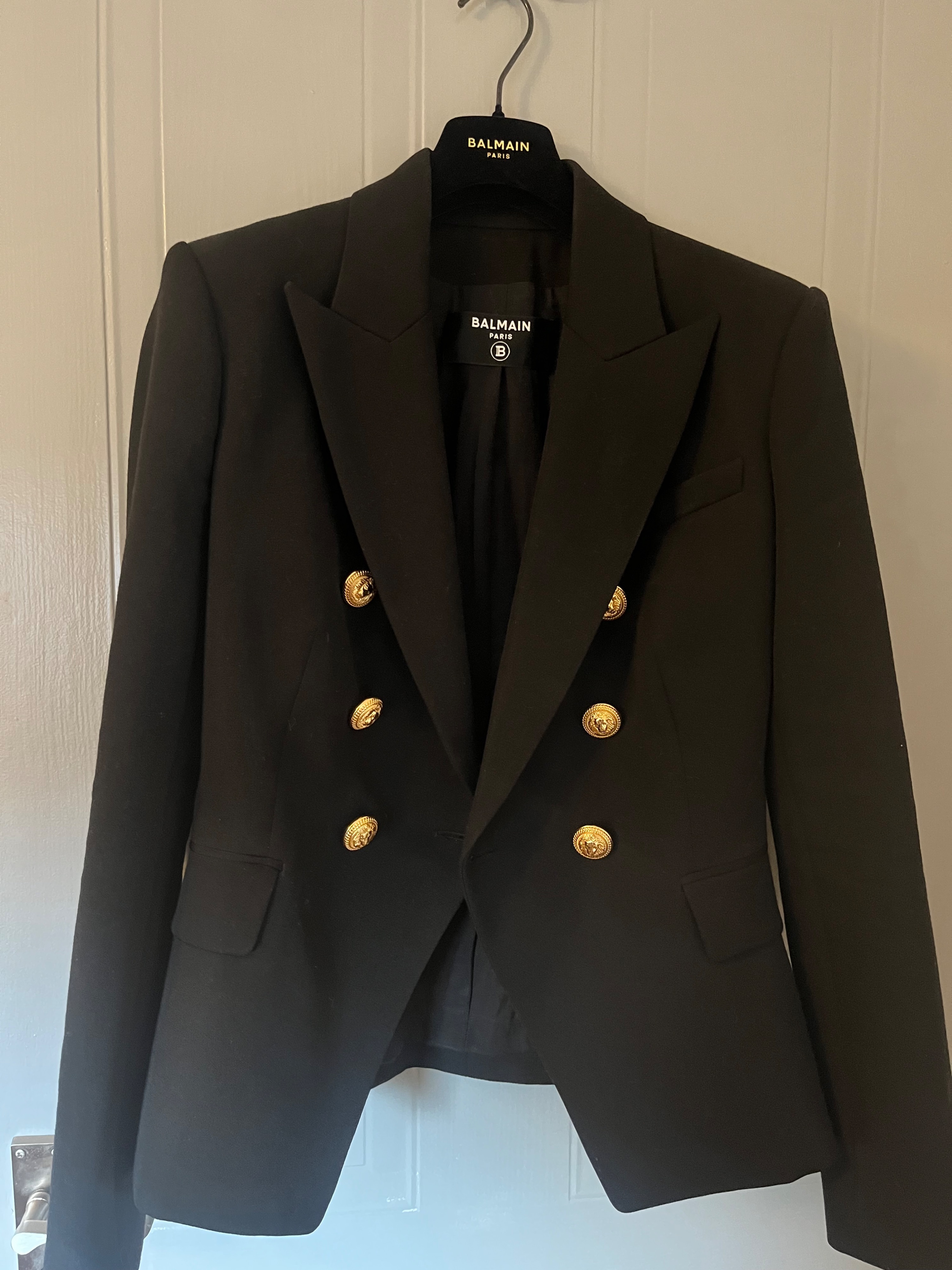 Preowned Balmain Black Double Breasted Blazer with Gold Button Detail Size S wool