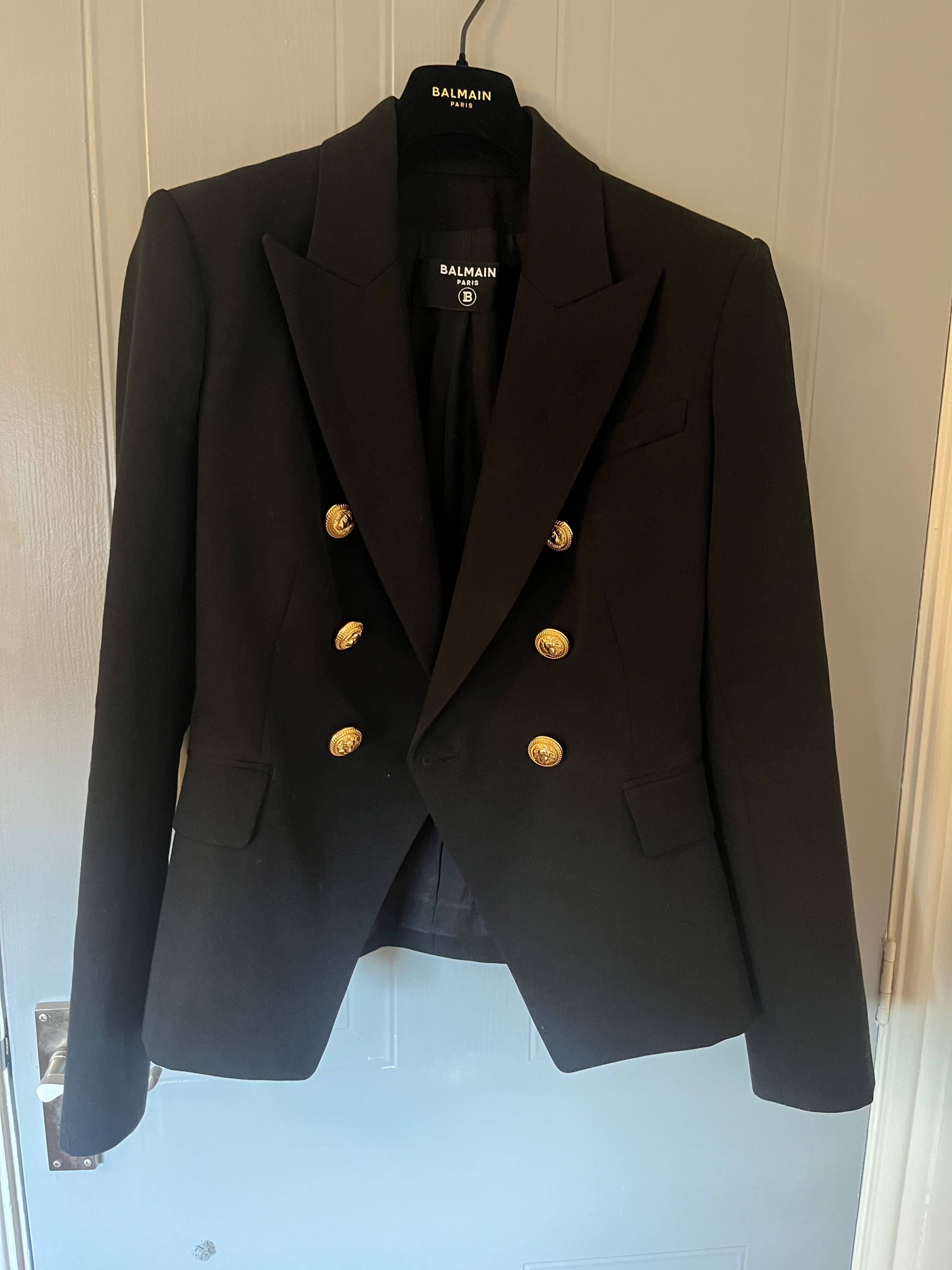 Preowned Balmain Black Double Breasted Blazer with Gold Button Detail Size S wool