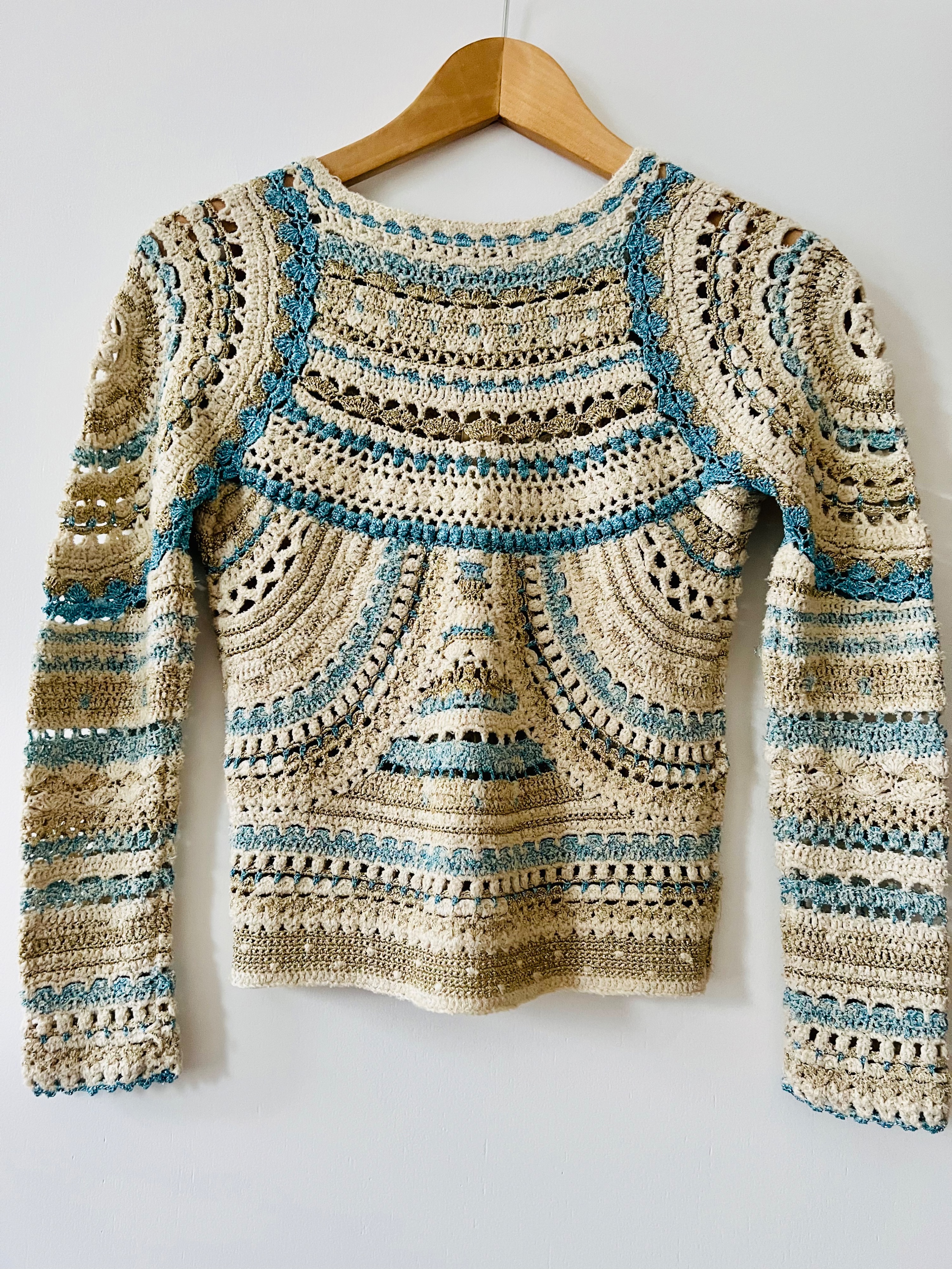 Isabel Marrant Multicoloured Crochet Cardigan Size XS Cream gold and blue metallic cotton/polyester