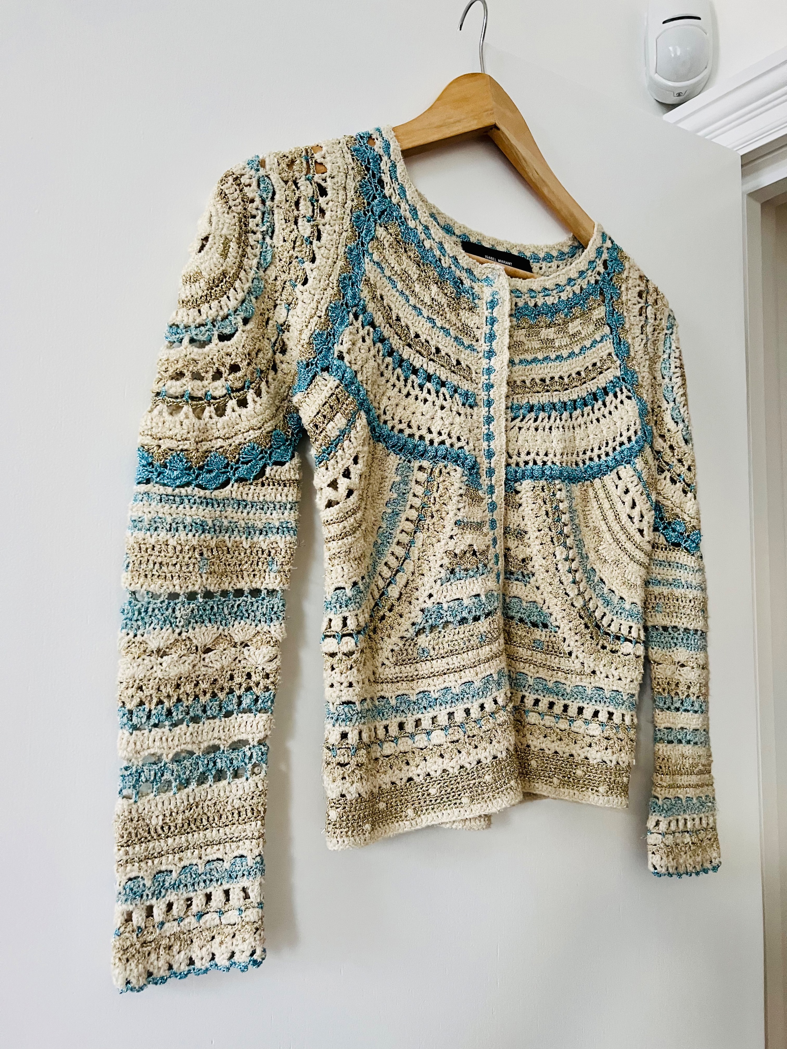 Isabel Marrant Multicoloured Crochet Cardigan Size XS Cream gold and blue metallic cotton/polyester