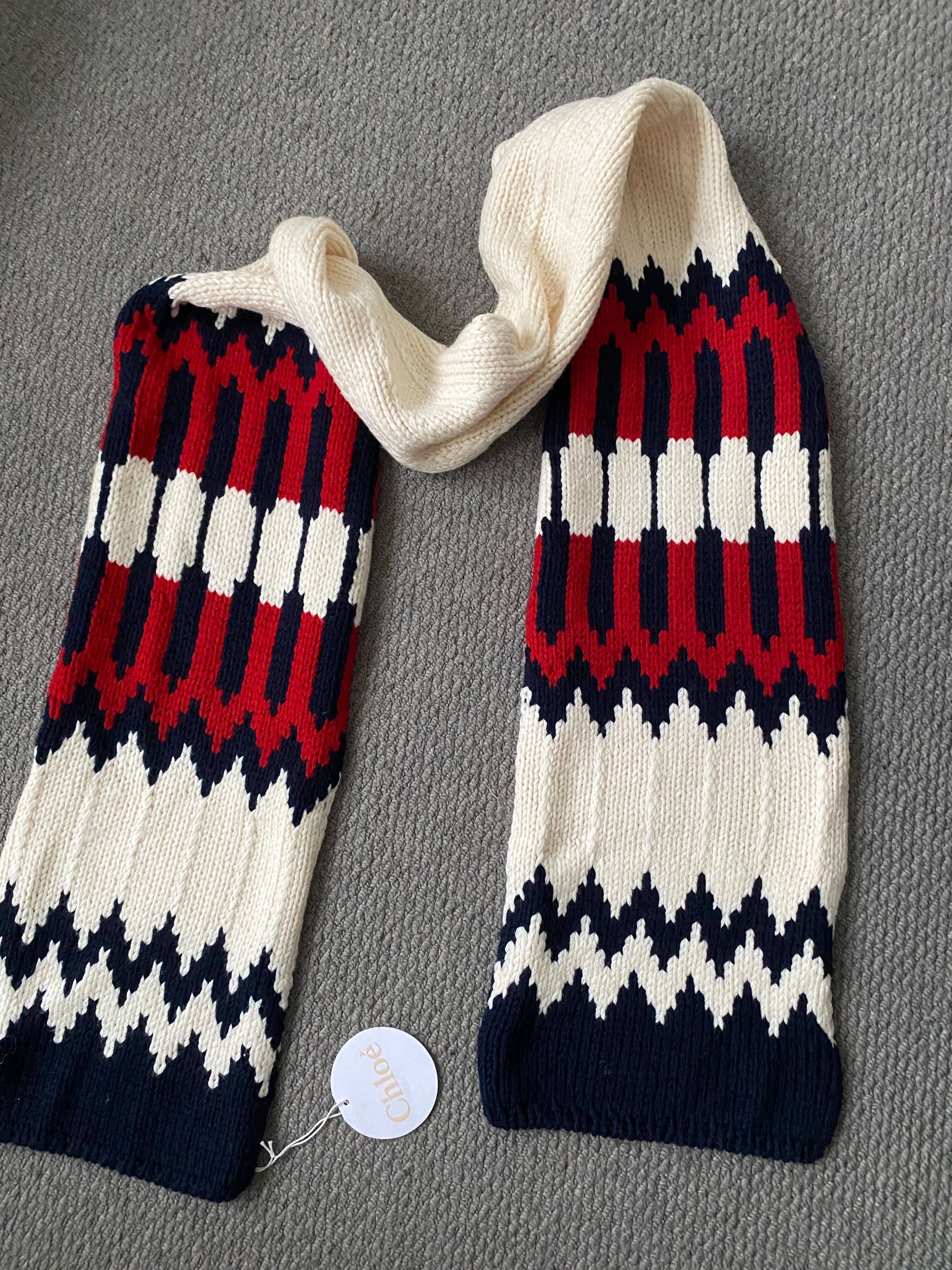 Chloe Tricolour Wool Scarf ivory navy and red