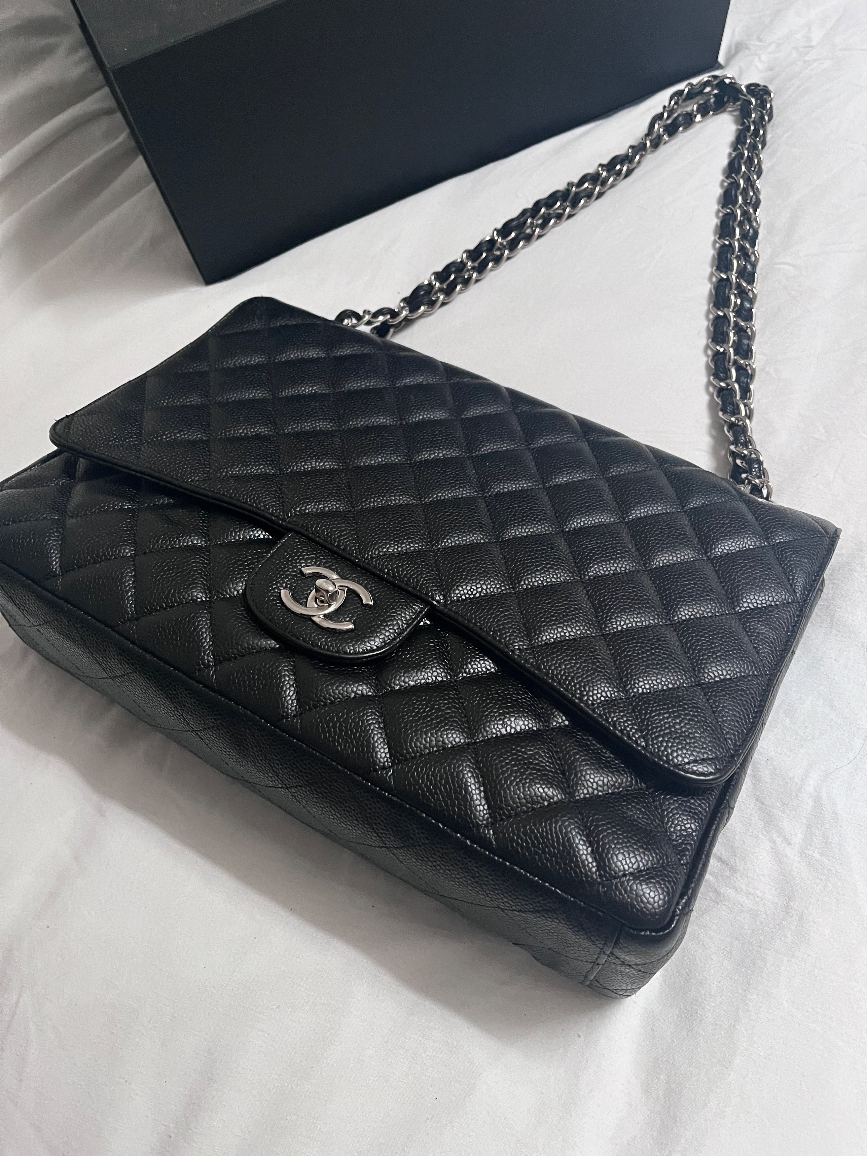 Preowned Chanel Black Caviar Leather Maxi Single Flap Bag Size XL