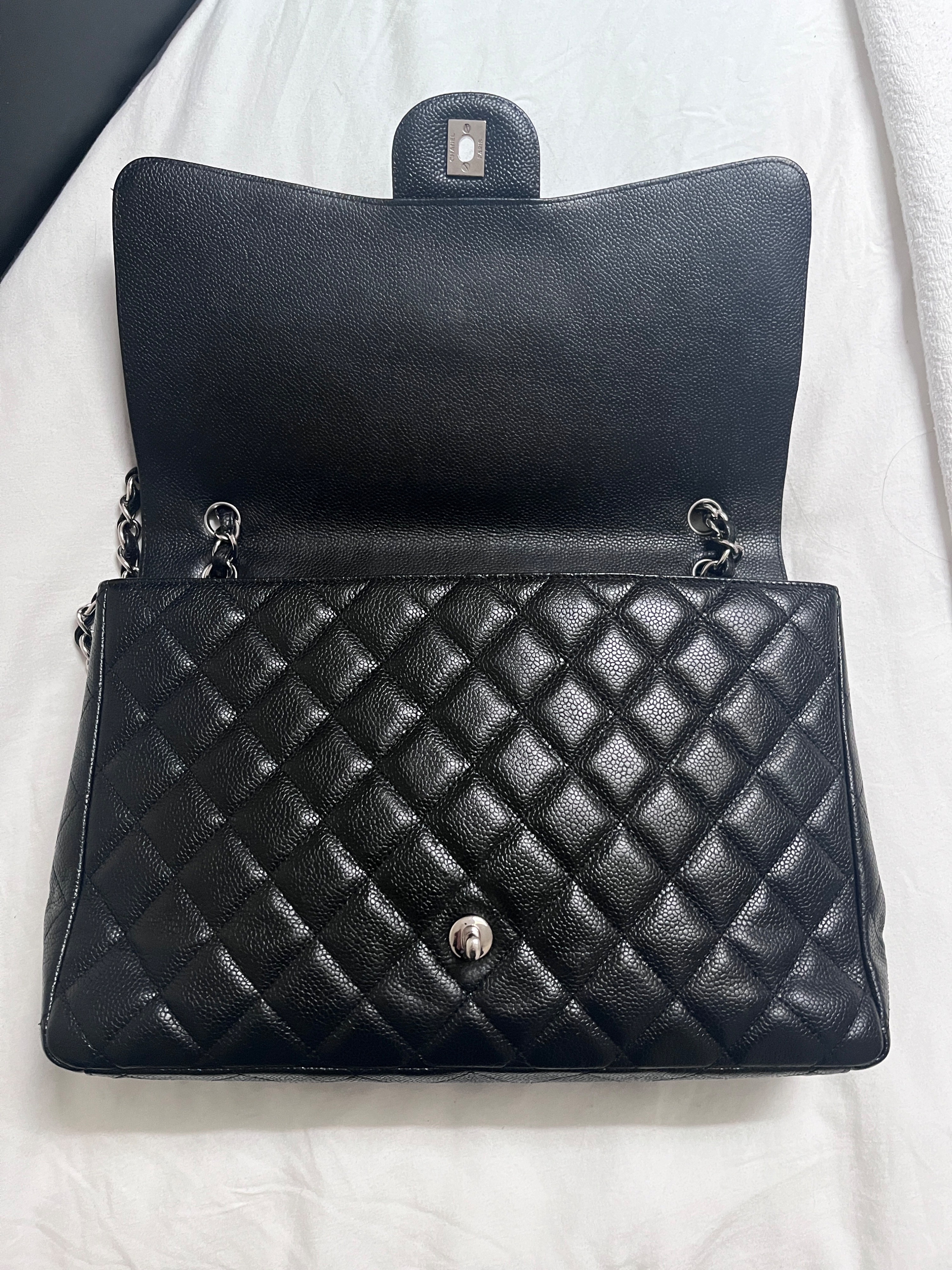 Preowned Chanel Black Caviar Leather Maxi Single Flap Bag Size XL