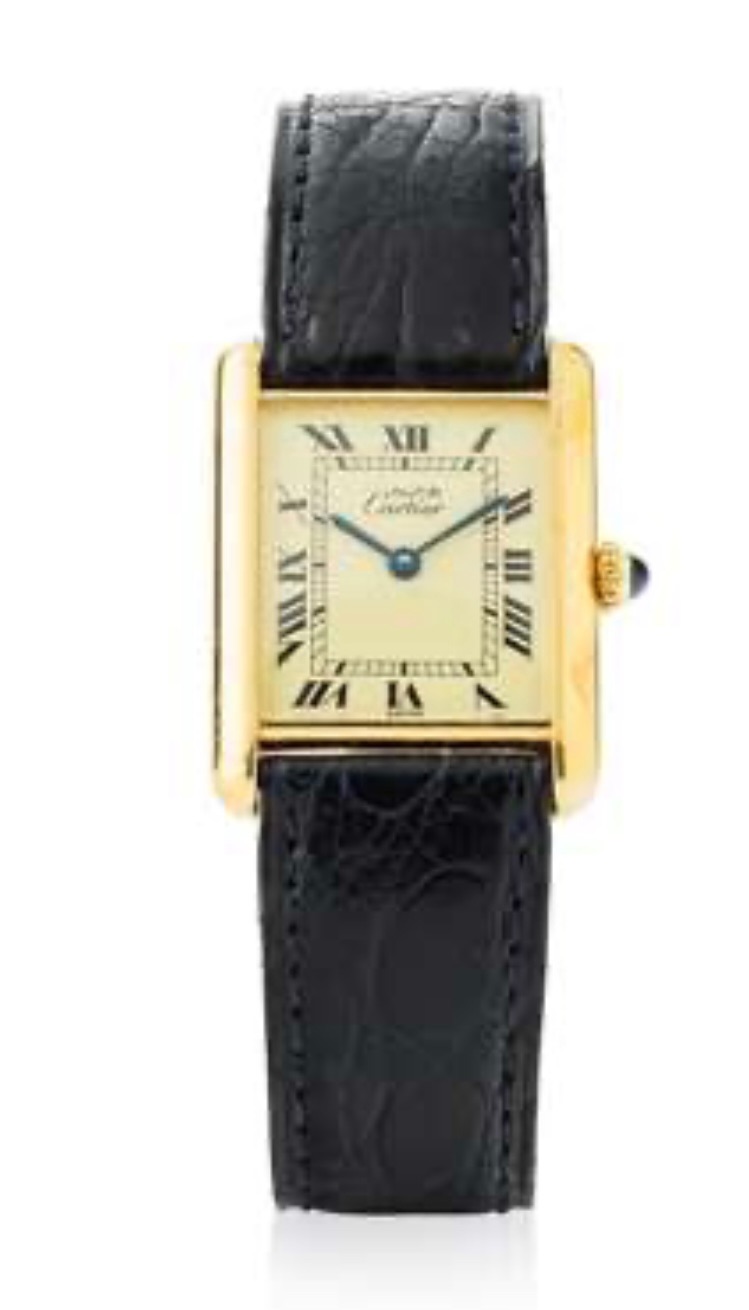 Preowned Cartier Black Gold Plated Vermeil Mechanical Manual Wind with Classic Roman Dial Tank Watch leather