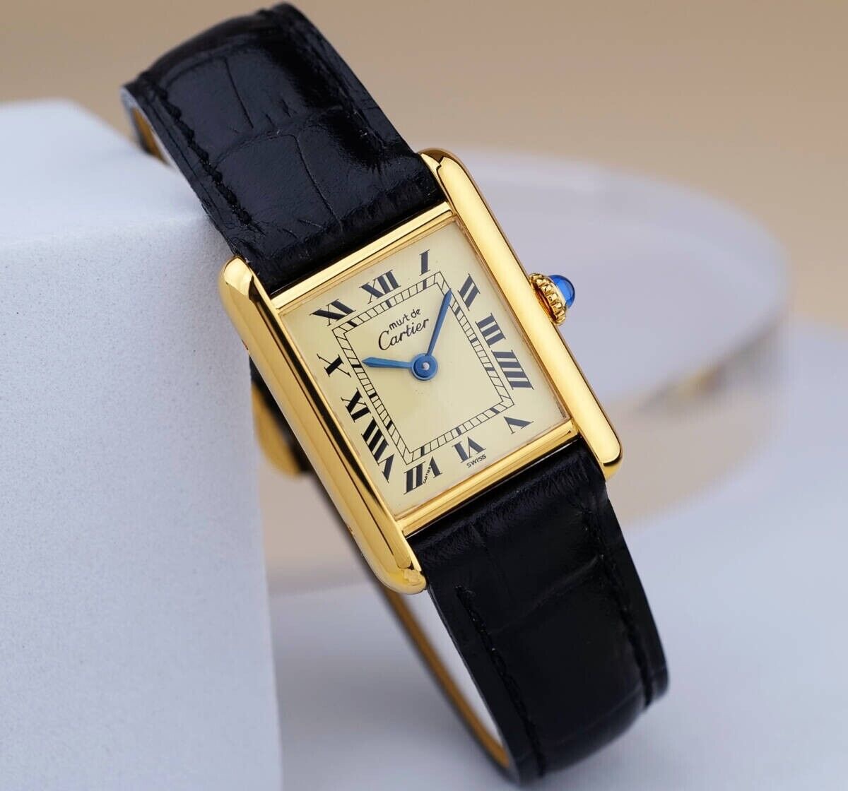 Preowned Cartier Black Gold Plated Vermeil Mechanical Manual Wind with Classic Roman Dial Tank Watch leather