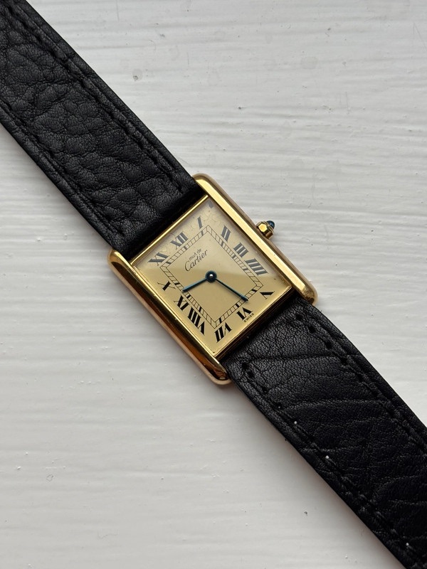 Preowned Cartier Black Gold Plated Vermeil Mechanical Manual Wind with Classic Roman Dial Tank Watch leather