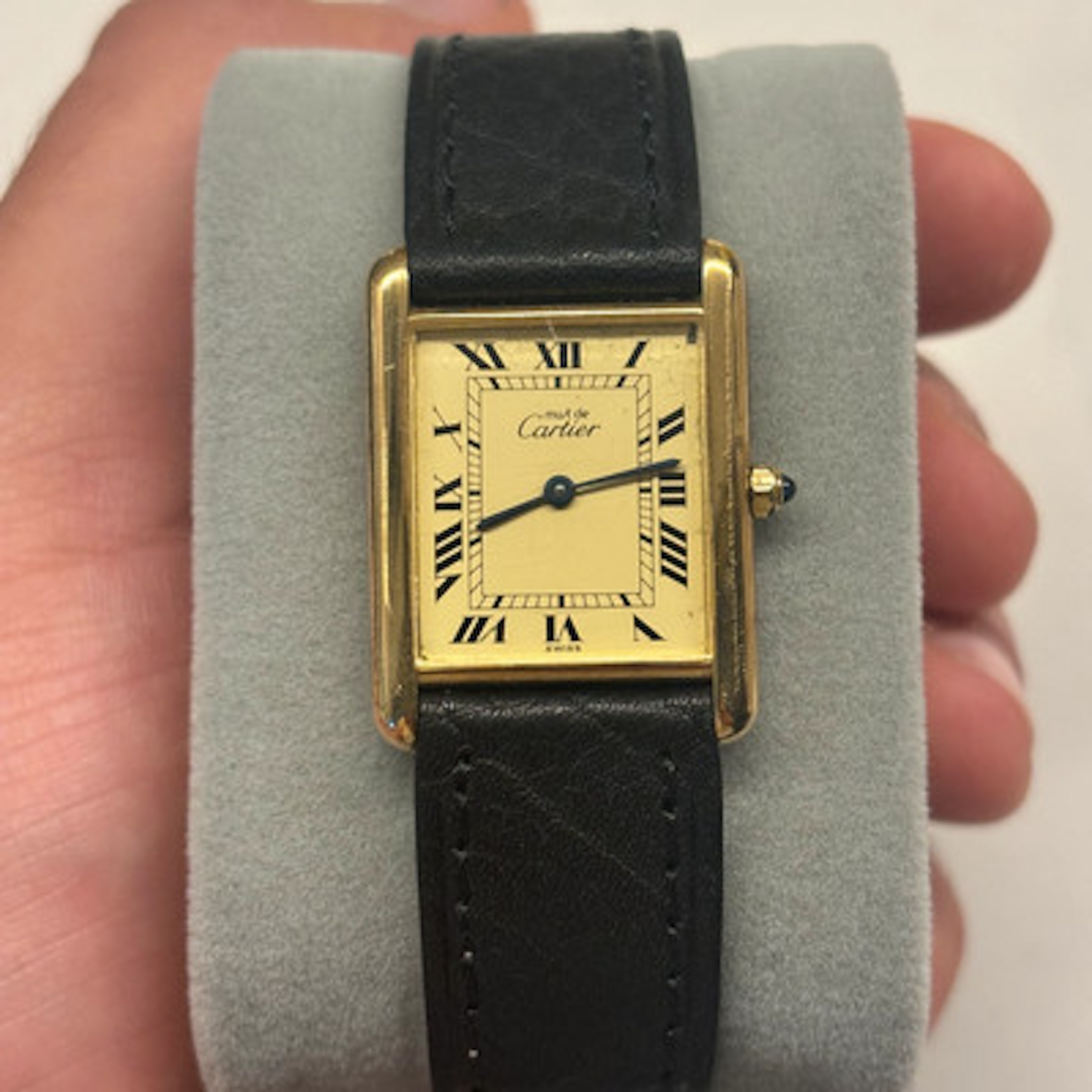 Preowned Cartier Black Gold Plated Vermeil Mechanical Manual Wind with Classic Roman Dial Tank Watch leather