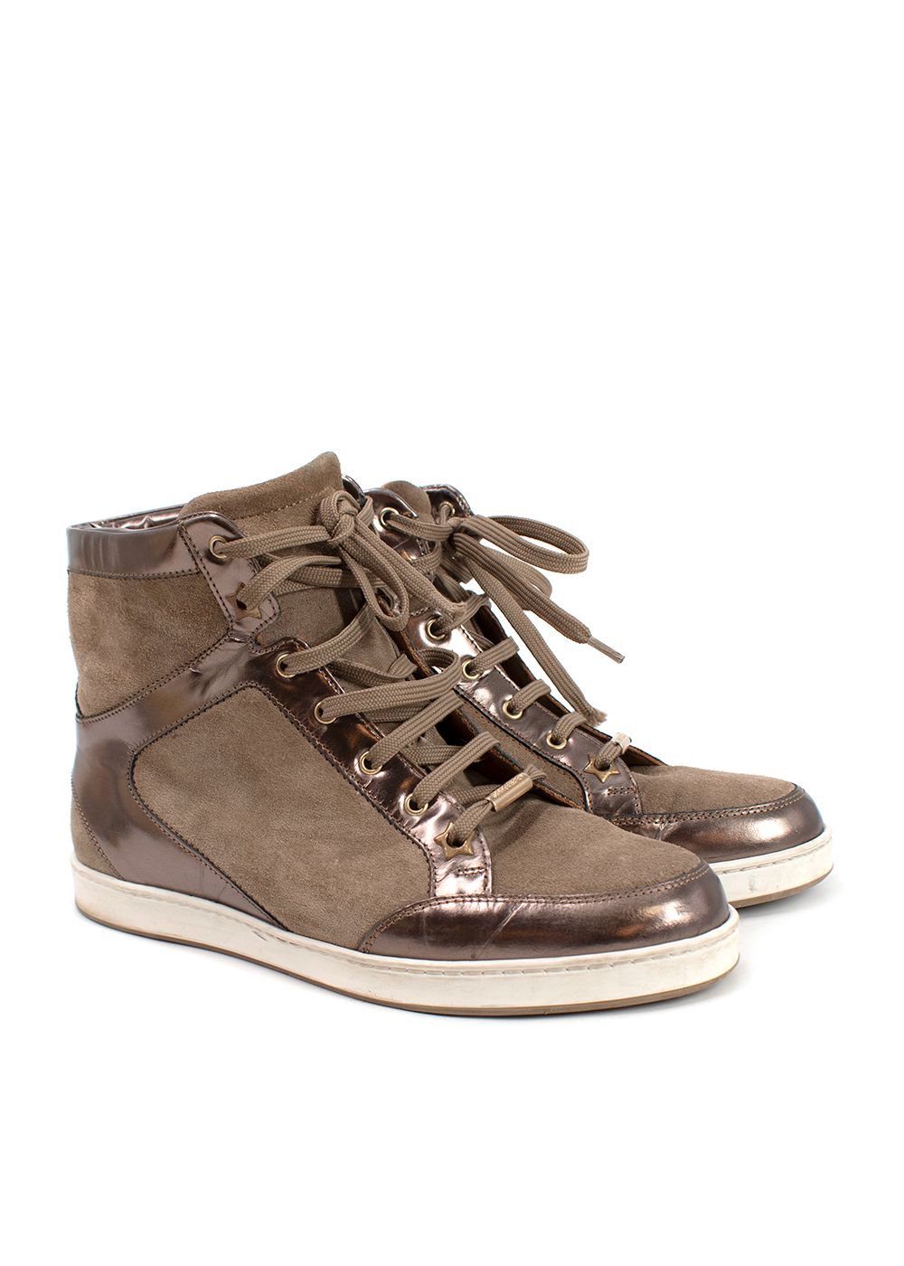 Preowned Jimmy Choo Brown Leather and Suede High Top Sneakers Size 37 Tan Bronze leather/suede