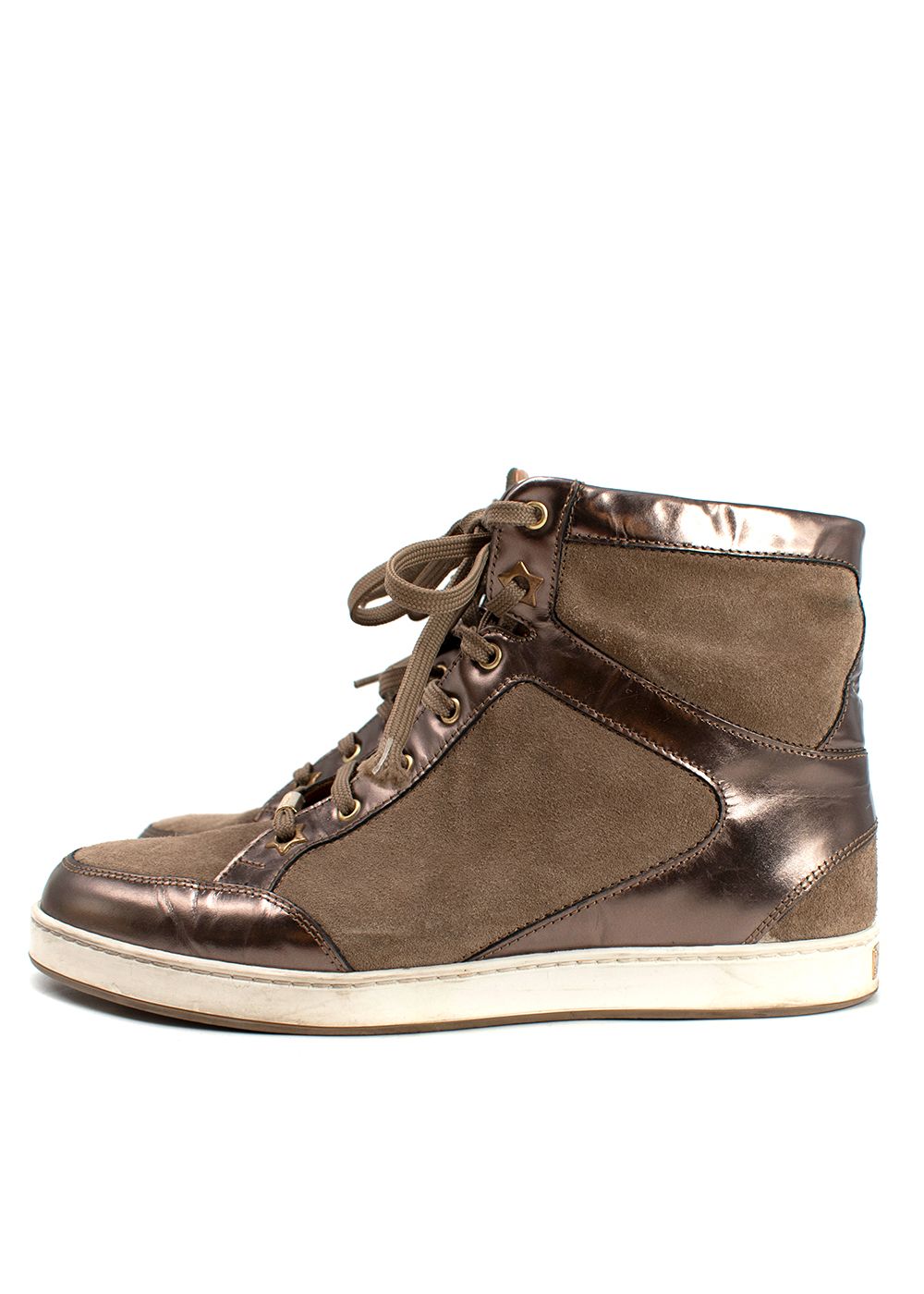 Preowned Jimmy Choo Brown Leather and Suede High Top Sneakers Size 37 Tan Bronze leather/suede