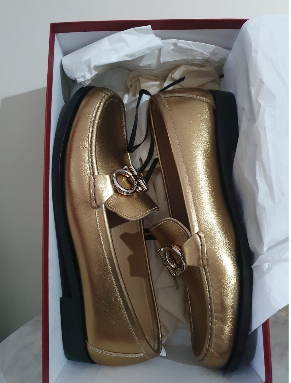 Salvatore Ferragamo Gold Leather Rolo Loafers Size 37