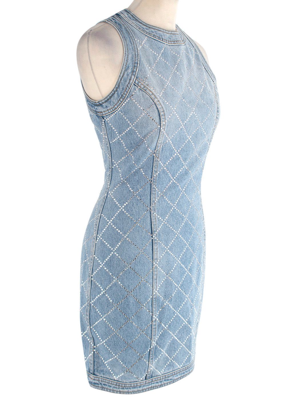 Preowned Balmain mid-wash denim crystal embellished mini dress Size XXS Blue cotton