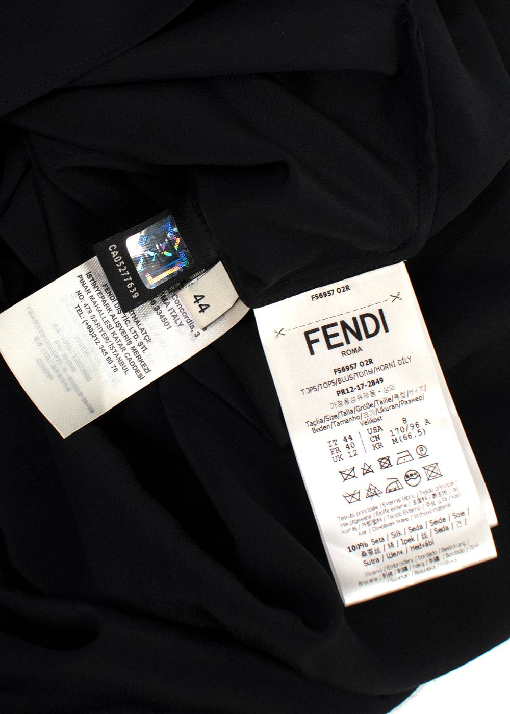 Fendi Black Silk Blouse with Pearl Button Detail Size M