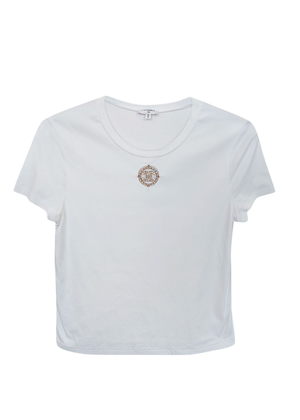 Preowned Chanel CC Crystal Logo White Cotton T-shirt Size XS