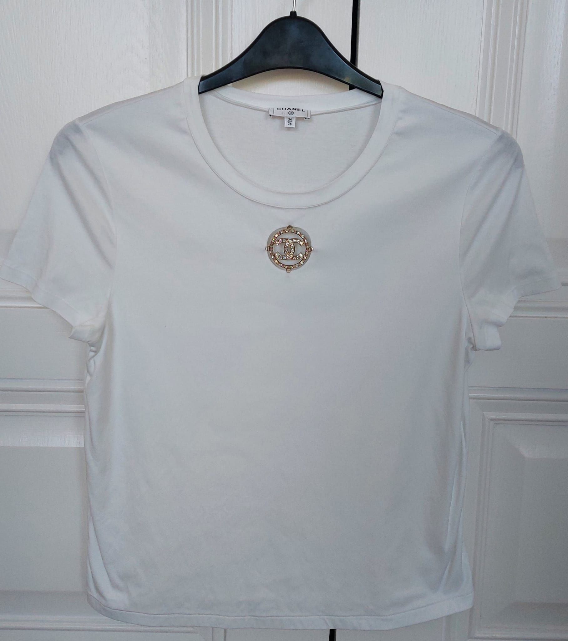 Preowned Chanel CC Crystal Logo White Cotton T-shirt Size XS