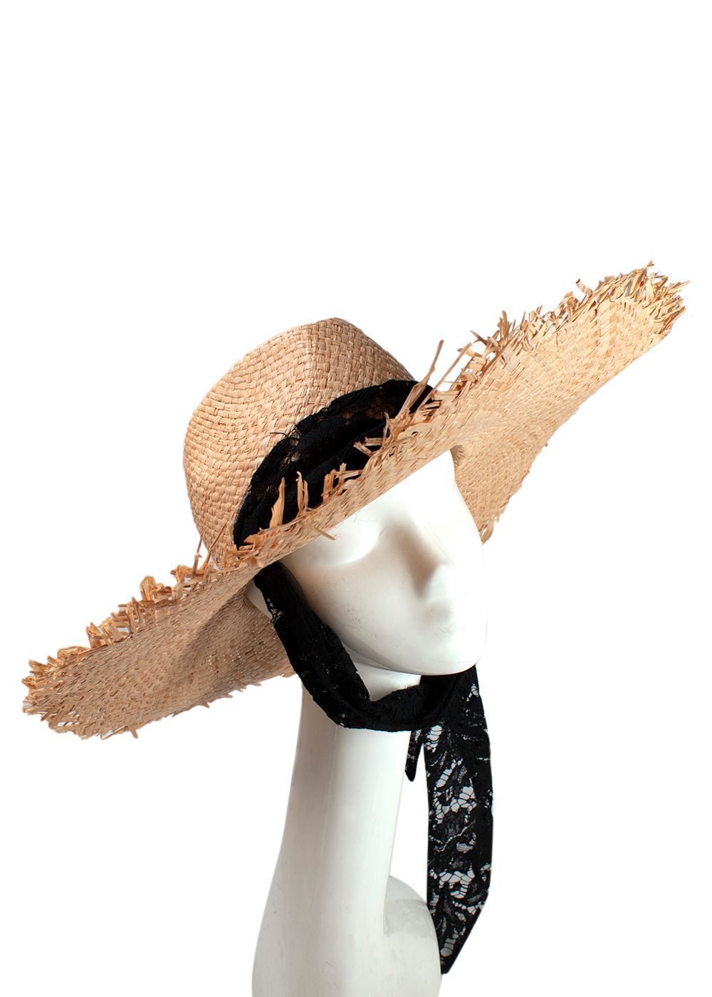 Valentino Beige Straw Hat with Black Lace Tie beige black wicker