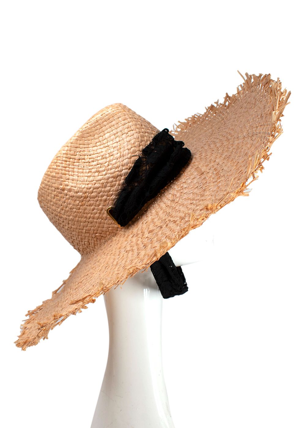 Valentino Beige Straw Hat with Black Lace Tie beige black wicker