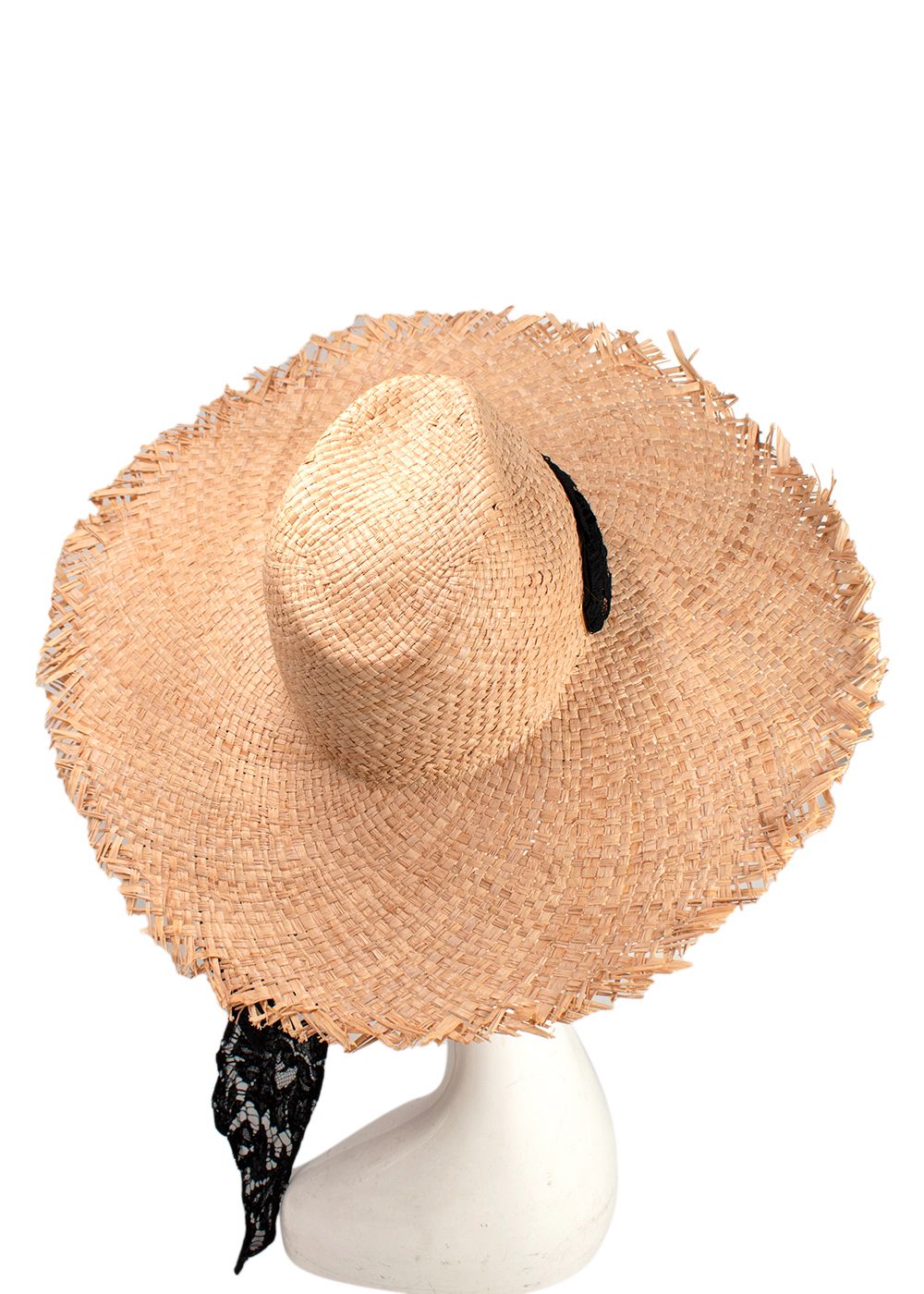 Valentino Beige Straw Hat with Black Lace Tie beige black wicker