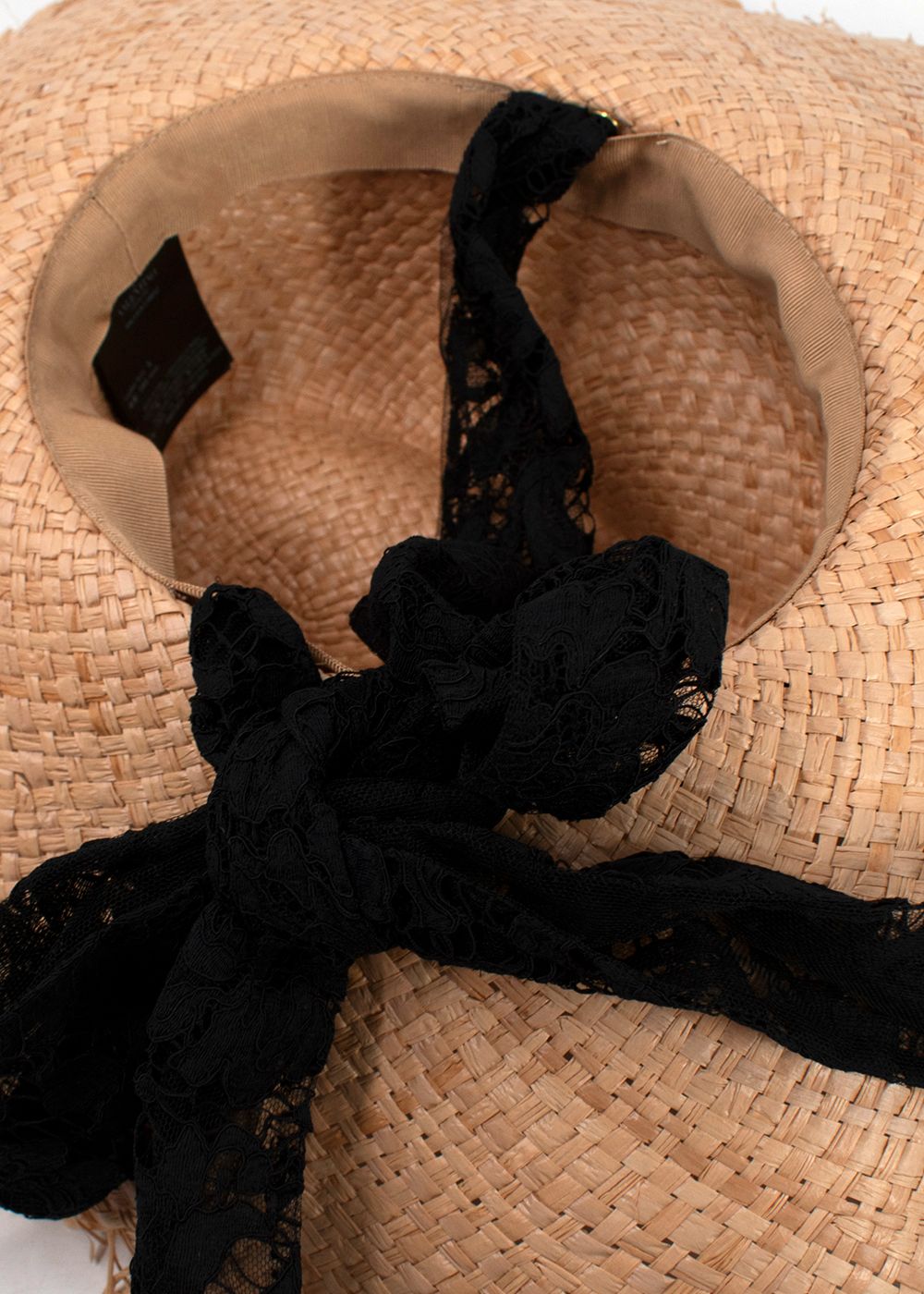 Valentino Beige Straw Hat with Black Lace Tie beige black wicker