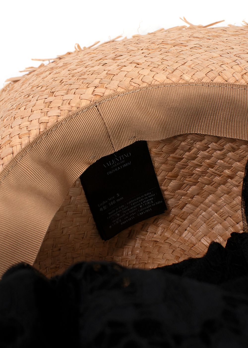 Valentino Beige Straw Hat with Black Lace Tie beige black wicker