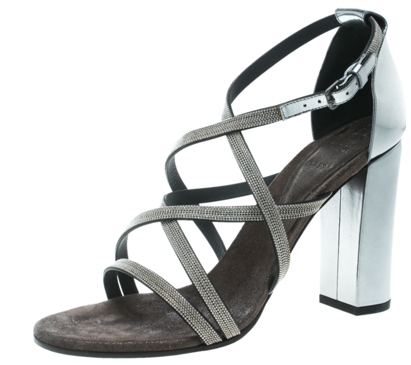 Brunello Cucinelli Monili Beaded Silver Leather Sandals Size 38