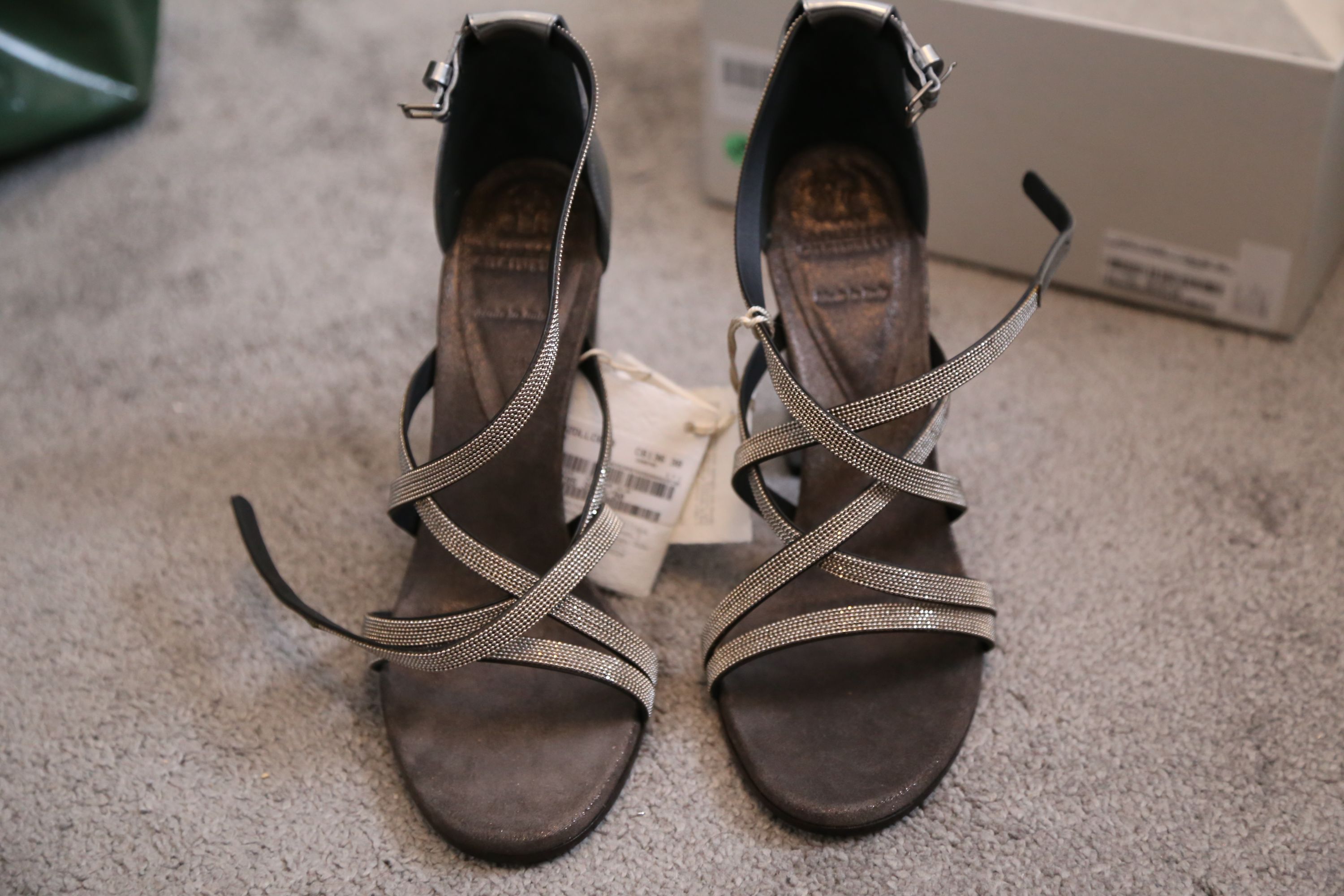 Brunello Cucinelli Monili Beaded Silver Leather Sandals Size 38