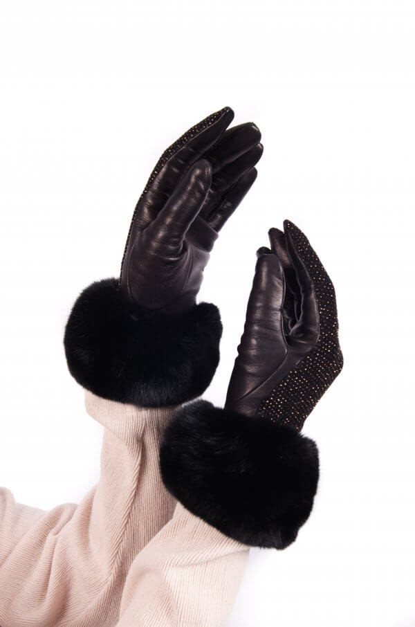 FurbySD Black Chinchilla Fur Cashmere Lined Leather Gloves Size M