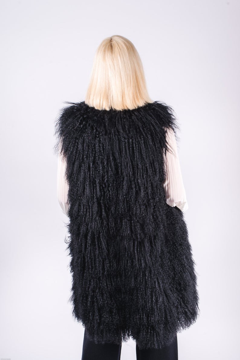 FurbySD Black Mongolian Lambs Fur Longline Gilet Size M mongolian lamb