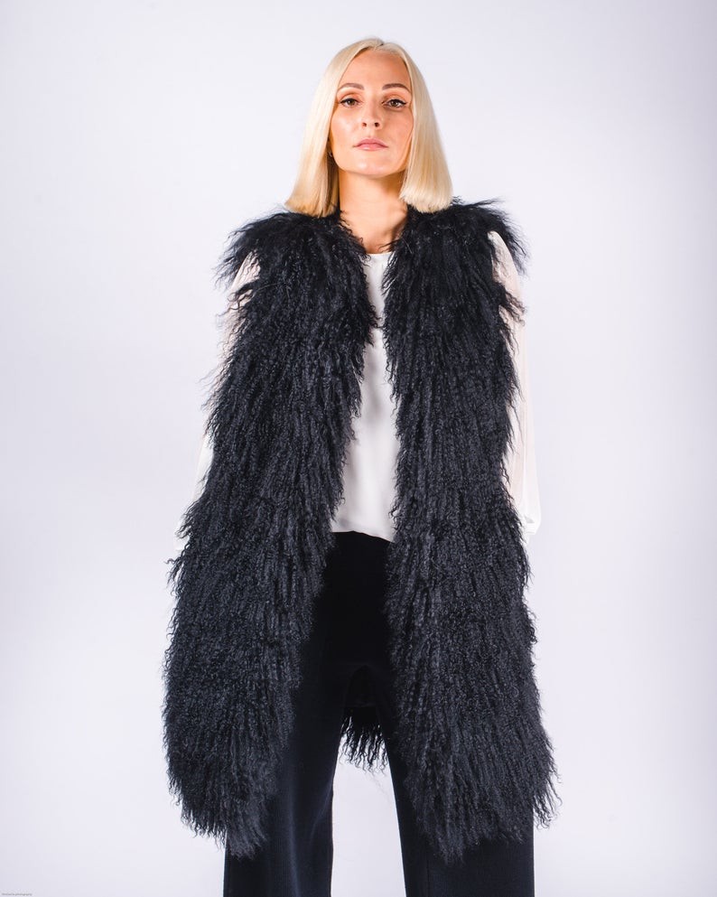 FurbySD Black Mongolian Lambs Fur Longline Gilet Size M mongolian lamb