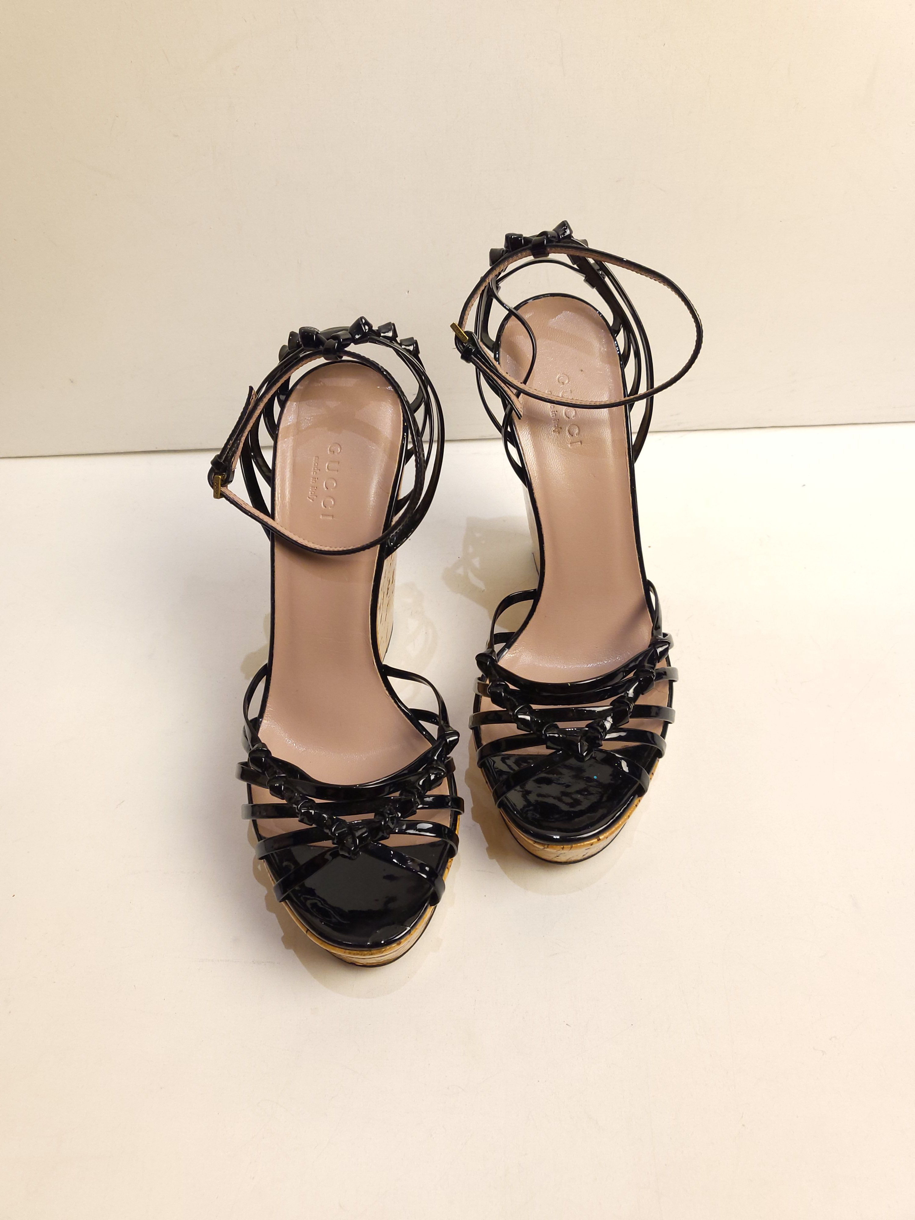 Preowned Gucci Black Patent Strappy Cork Wedges Size 385 leather