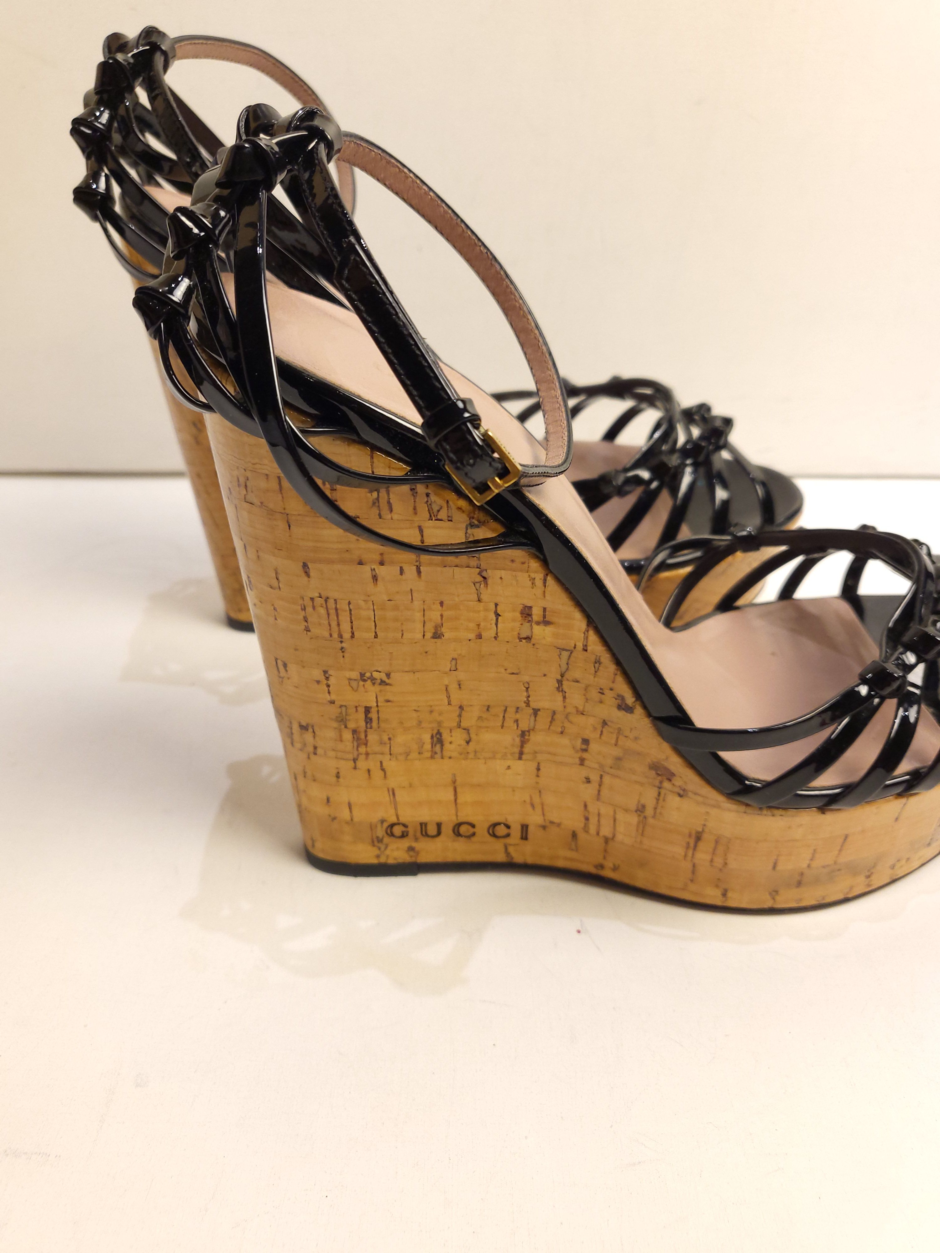 Preowned Gucci Black Patent Strappy Cork Wedges Size 385 leather