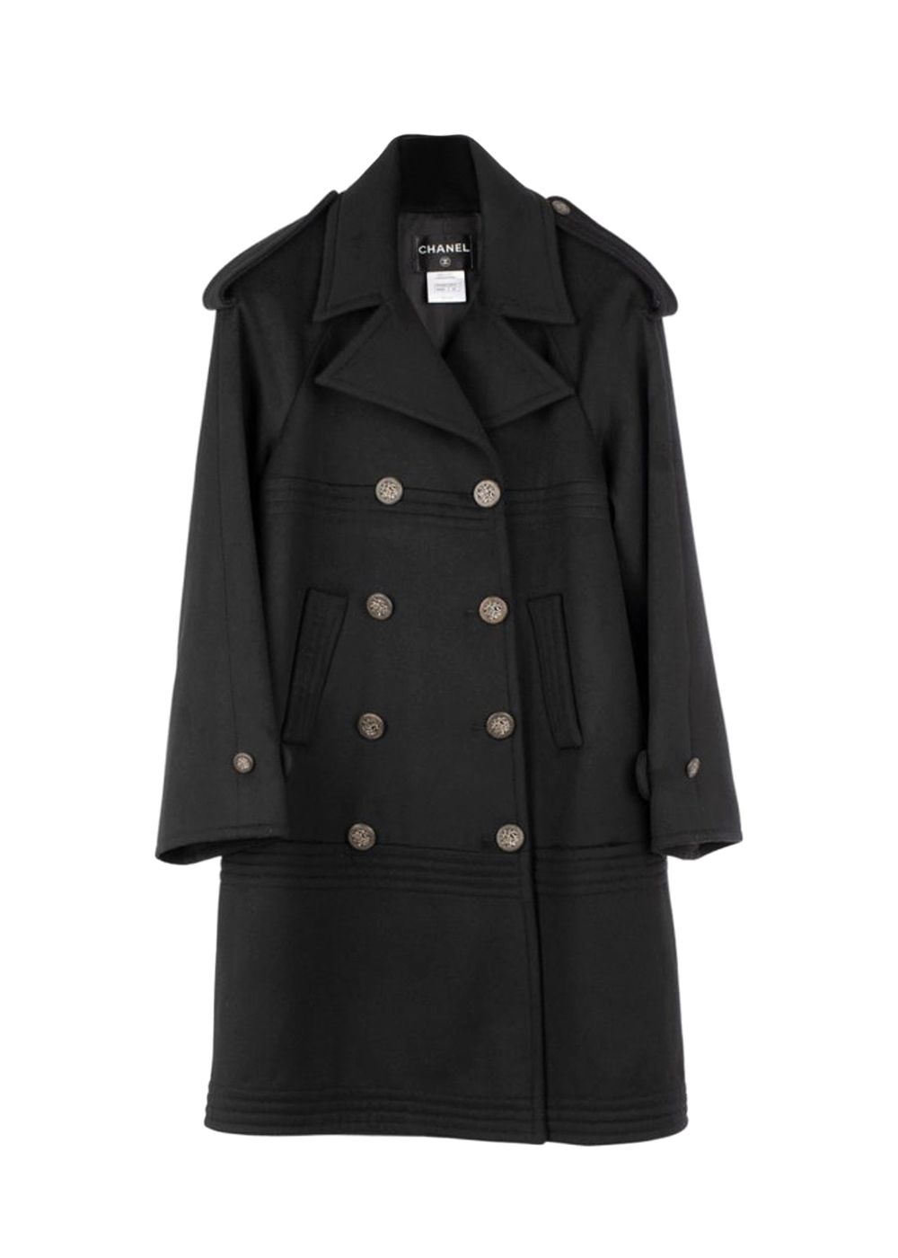 Preowned Chanel Black Double Wool Trench Coat Size S