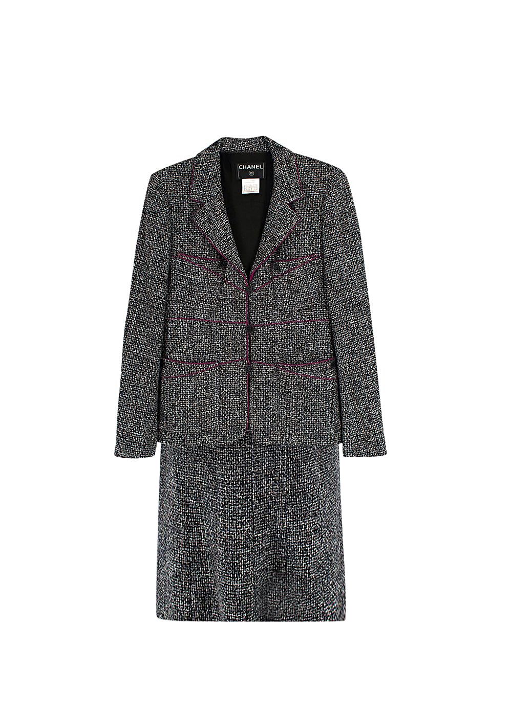 Preowned Chanel Black and White Tweed Blazer and Midi Skirt Suit Size M black and white purple wool