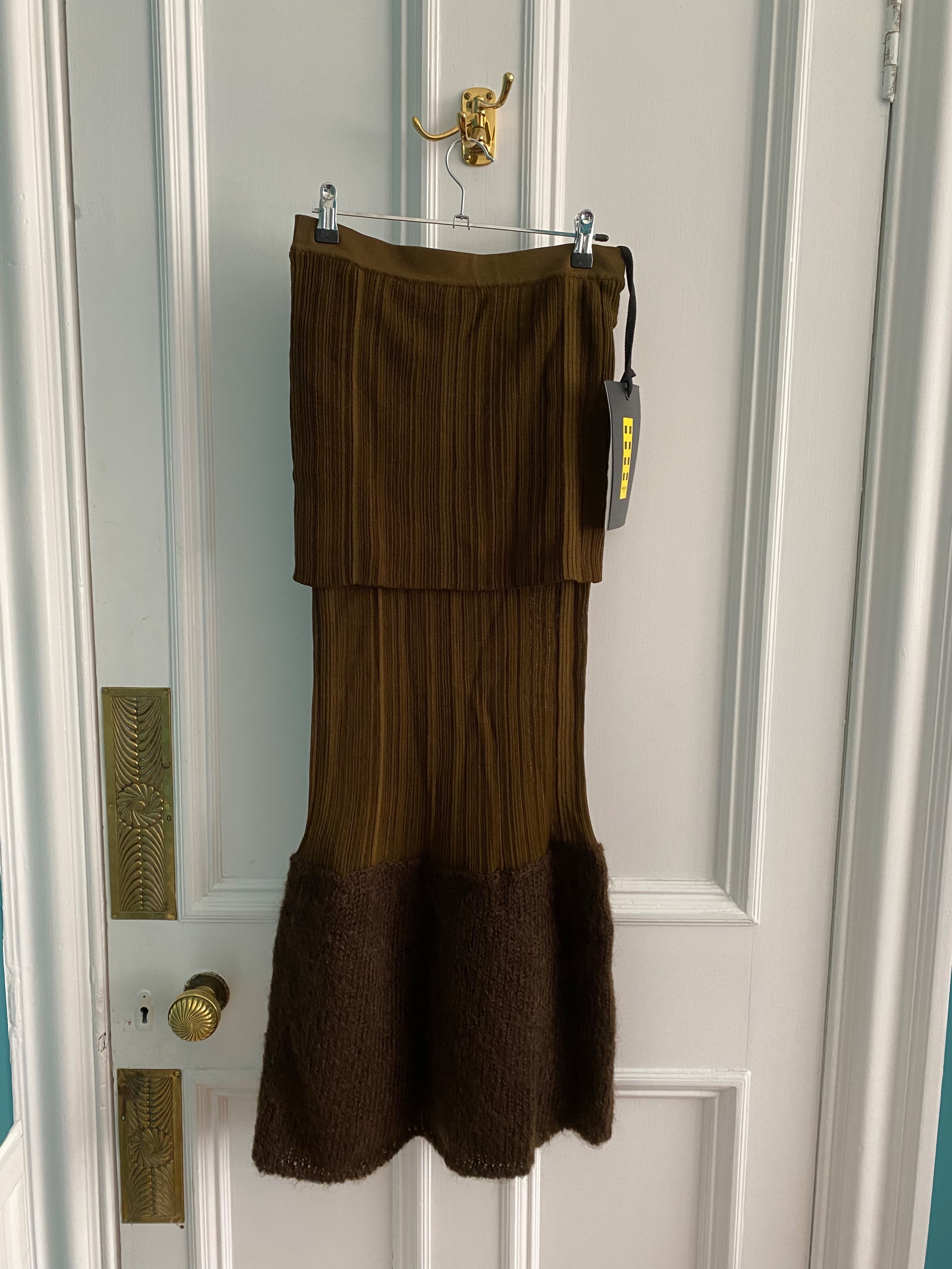 + 2 Moncler 1952 Mohair-blend And Ribbed Silk Midi Skirt Size S Green and Brown mohair/silk