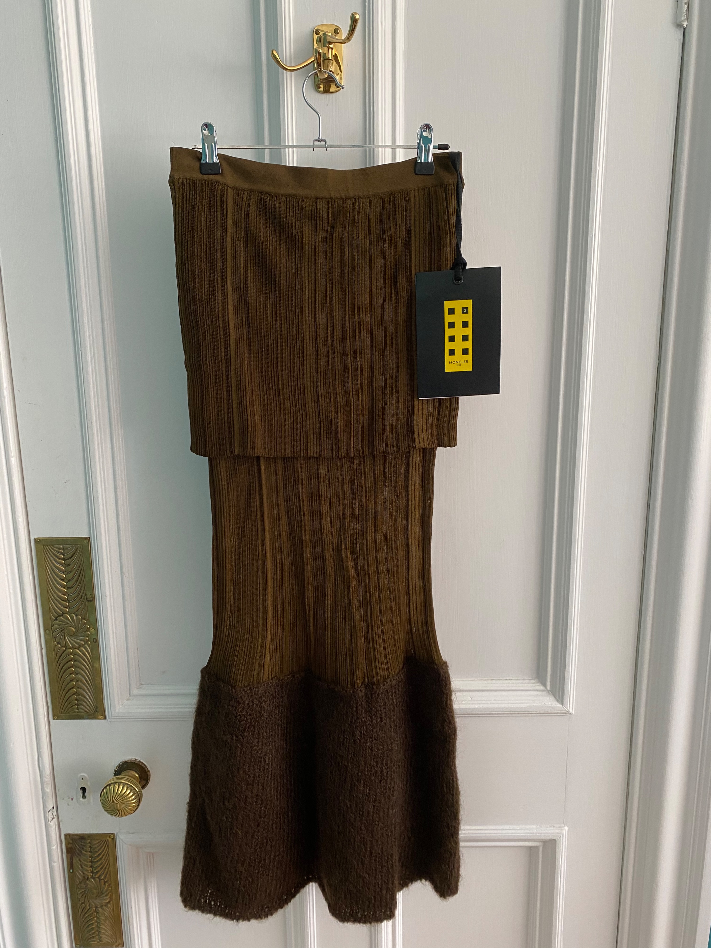 + 2 Moncler 1952 Mohair-blend And Ribbed Silk Midi Skirt Size S Green and Brown mohair/silk