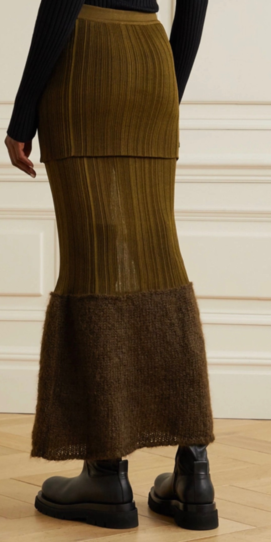 + 2 Moncler 1952 Mohair-blend And Ribbed Silk Midi Skirt Size S Green and Brown mohair/silk