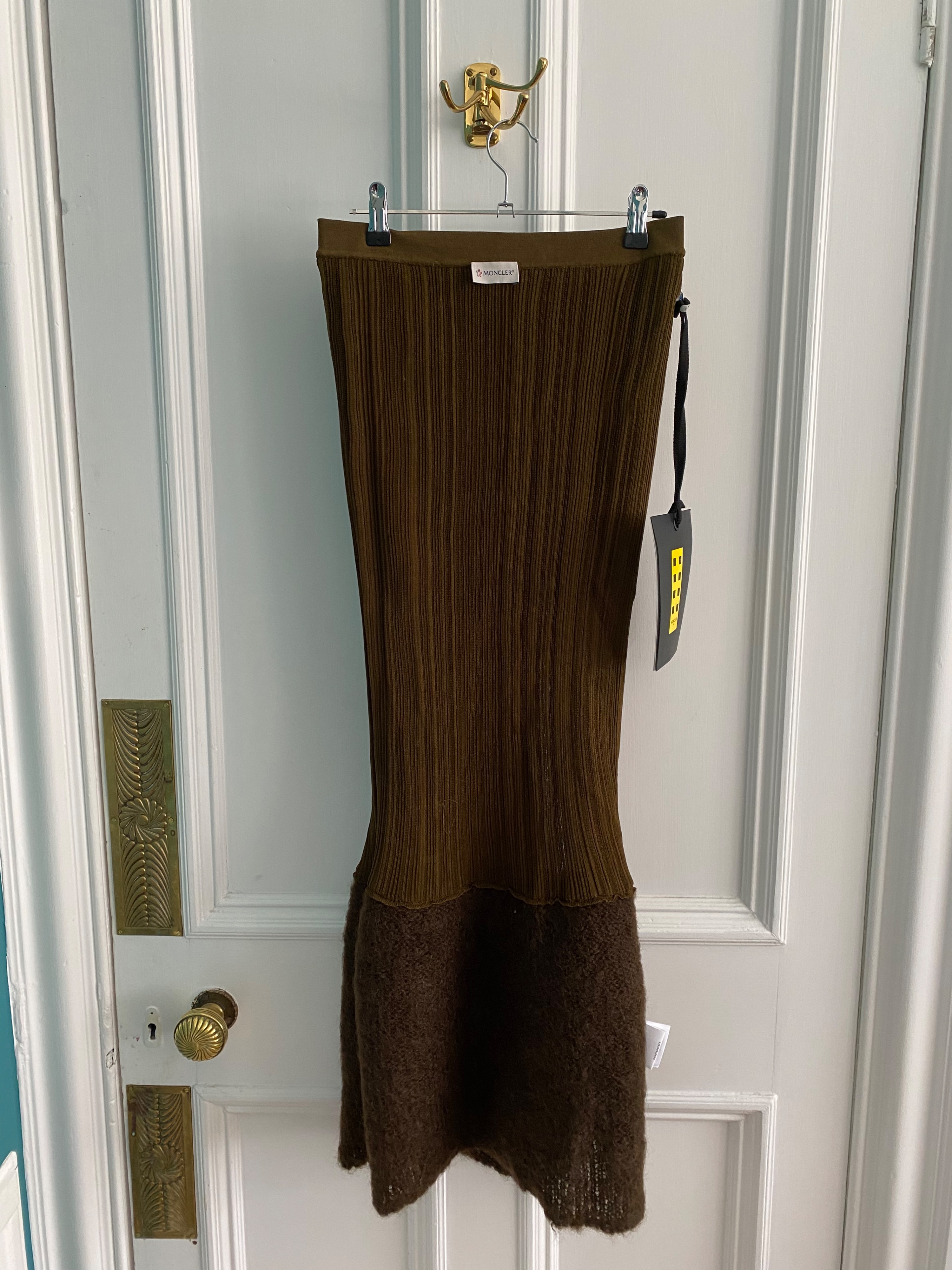 + 2 Moncler 1952 Mohair-blend And Ribbed Silk Midi Skirt Size S Green and Brown mohair/silk