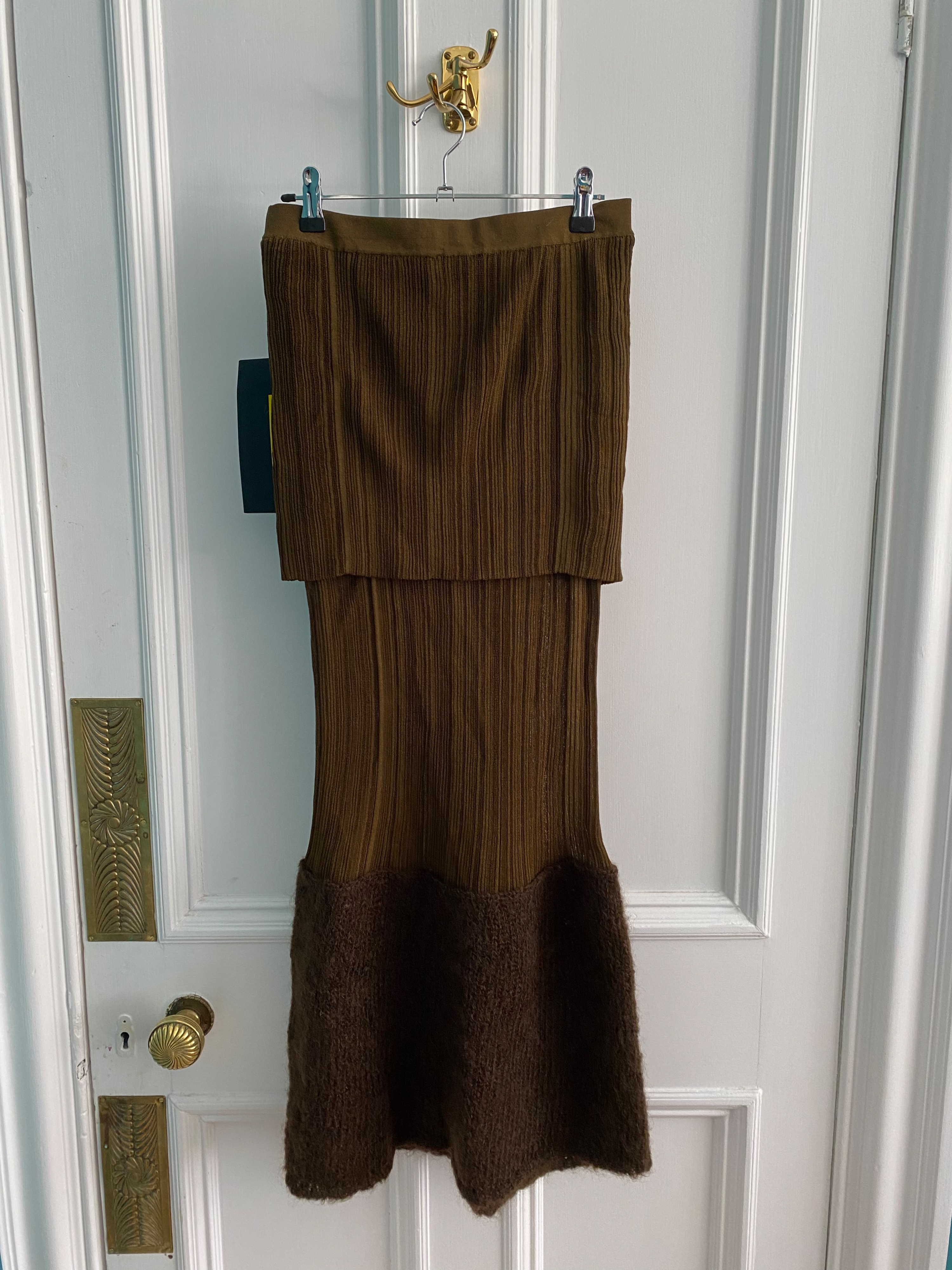 + 2 Moncler 1952 Mohair-blend And Ribbed Silk Midi Skirt Size S Green and Brown mohair/silk