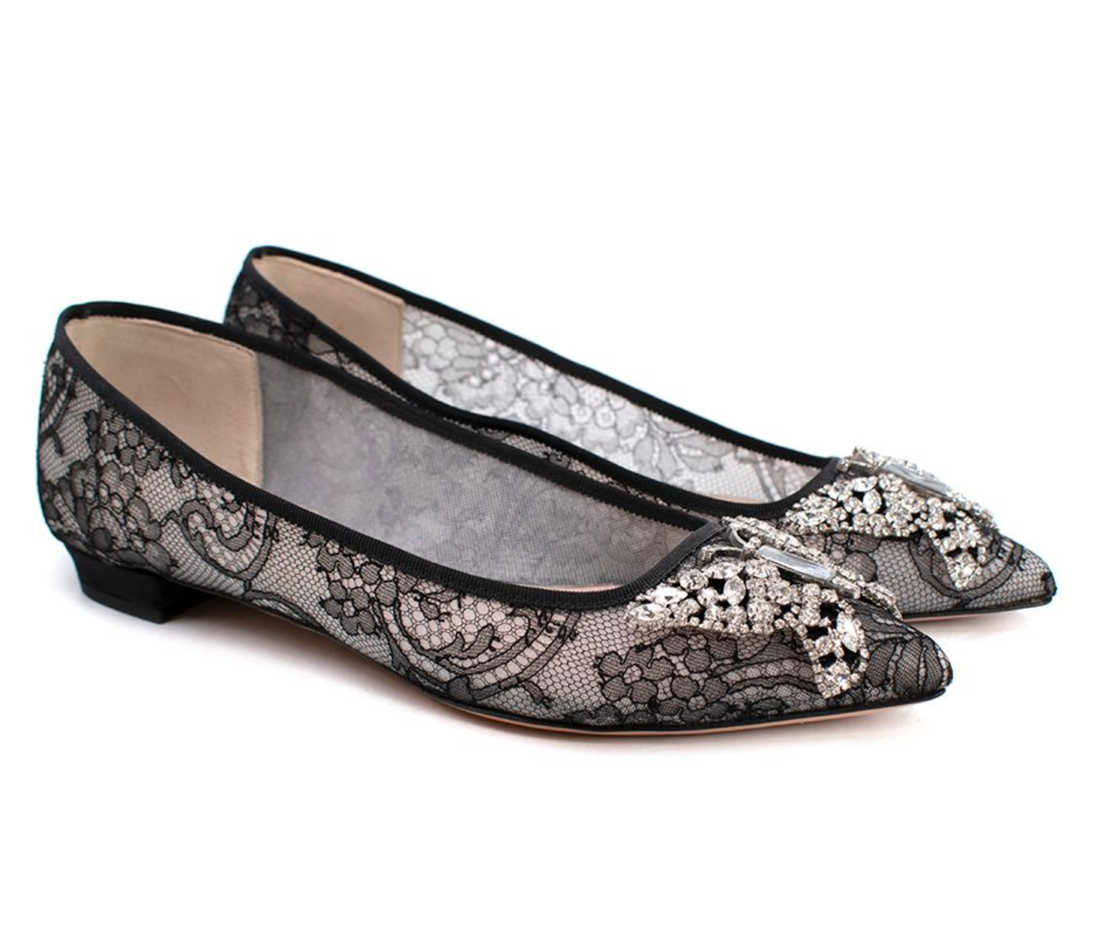 Aruna Seth Crystal Embellished Eliana Lace Ballerina Flat Size 385 Black leather