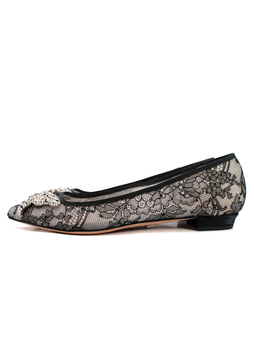 Aruna Seth Crystal Embellished Eliana Lace Ballerina Flat Size 385 Black leather