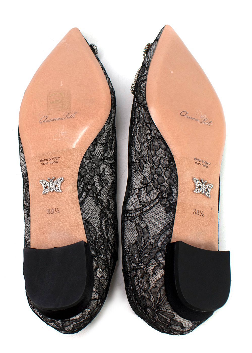 Aruna Seth Crystal Embellished Eliana Lace Ballerina Flat Size 385 Black leather