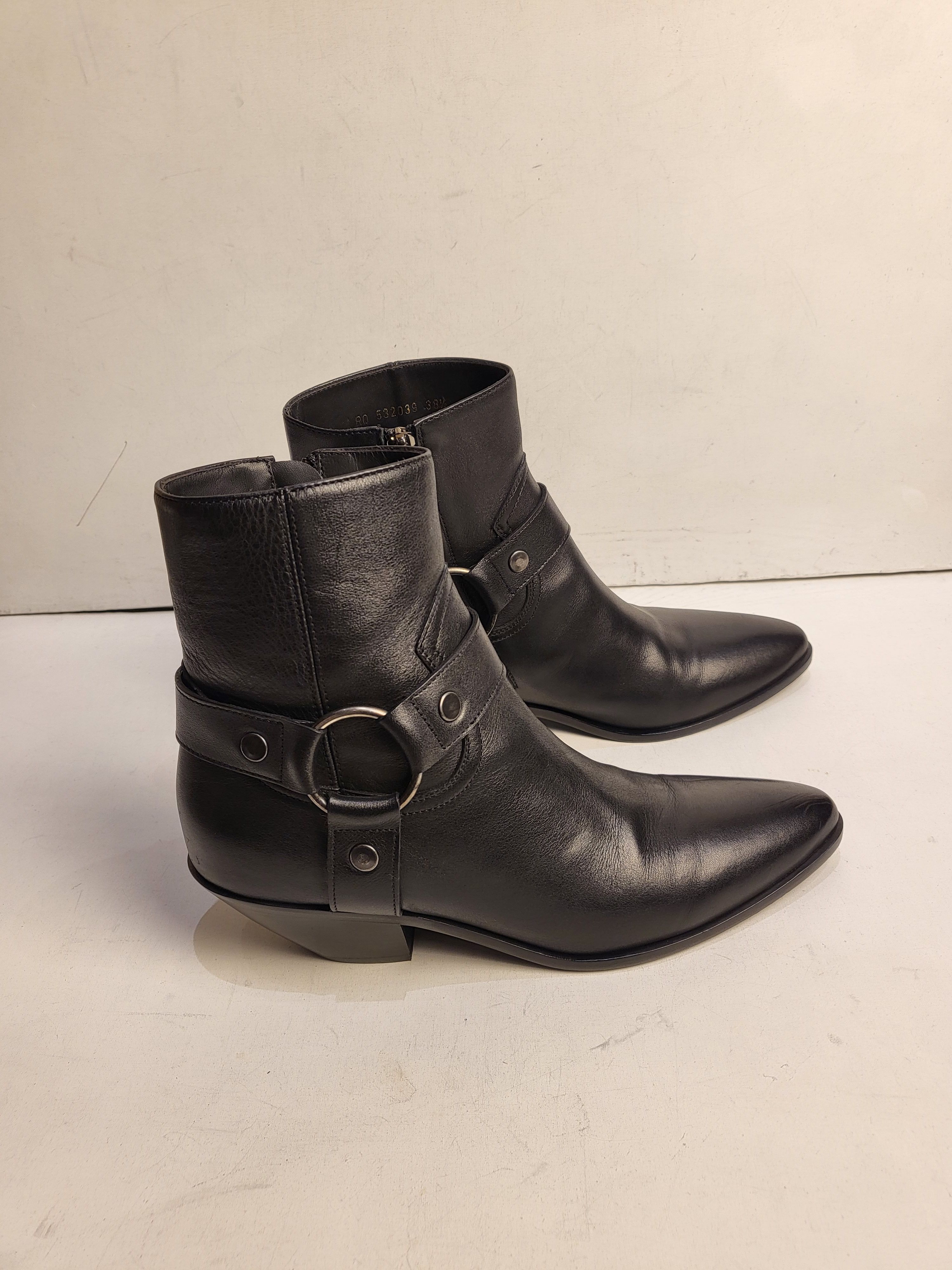 Preowned Saint Laurent West Harness Ankle Boots Size 385 Black leather