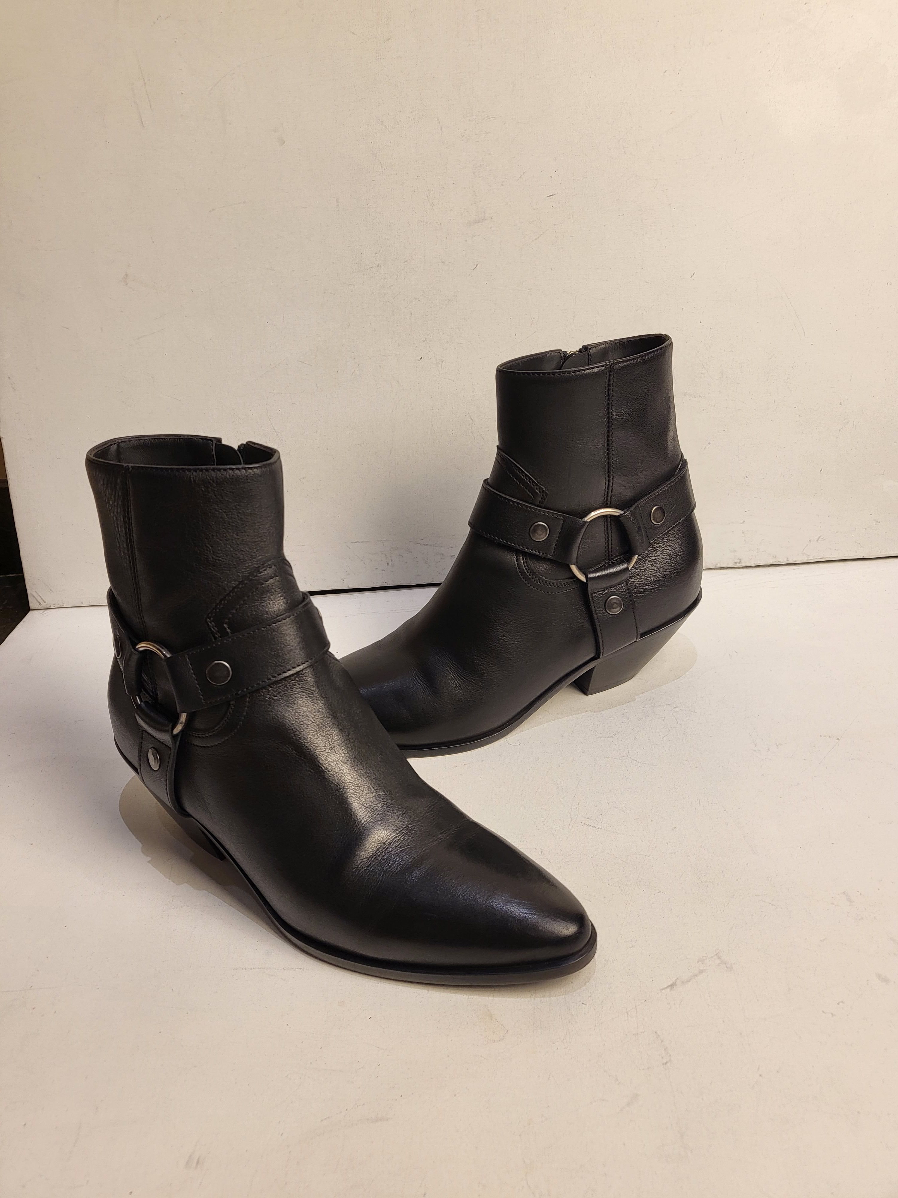 Preowned Saint Laurent West Harness Ankle Boots Size 385 Black leather