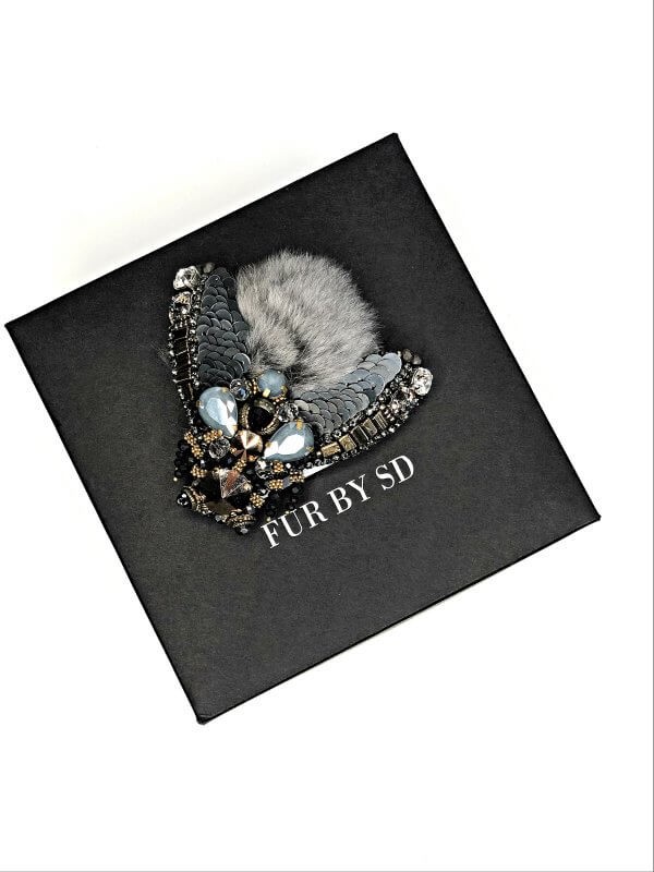 FurbySD chinchilla FLY brooch 7.5cms x 7.5cms Black fur