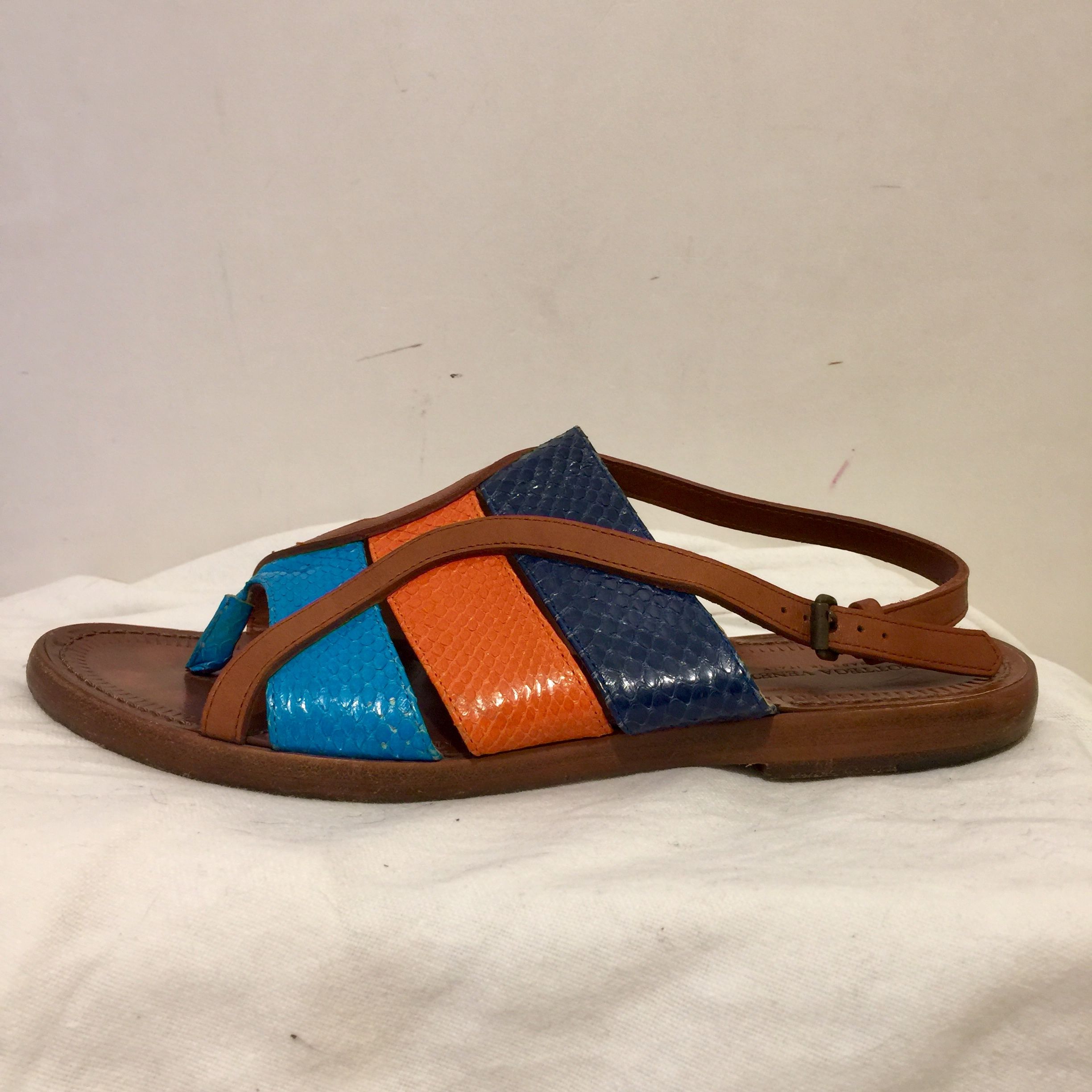 Preowned Bottega Veneta Tricolour snakeskin  tan leather sandals Size 36 Multicolour