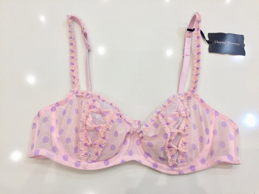 Chantal Thomass Rose  Lilac Polka Dot Tulle Half Cup Bra  Thong set Size M Pink