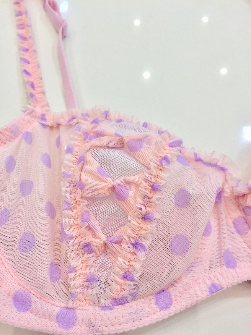 Chantal Thomass Rose  Lilac Polka Dot Tulle Half Cup Bra  Thong set Size M Pink