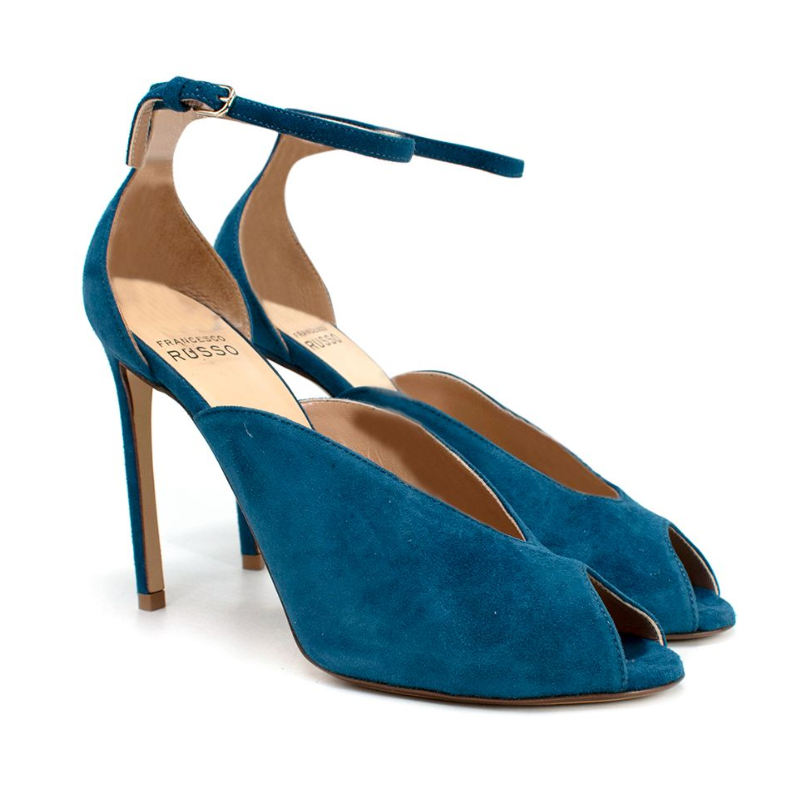 Preowned Francesco Russo Blue Suede V-Cut Ankle Strap Sandals Size 355