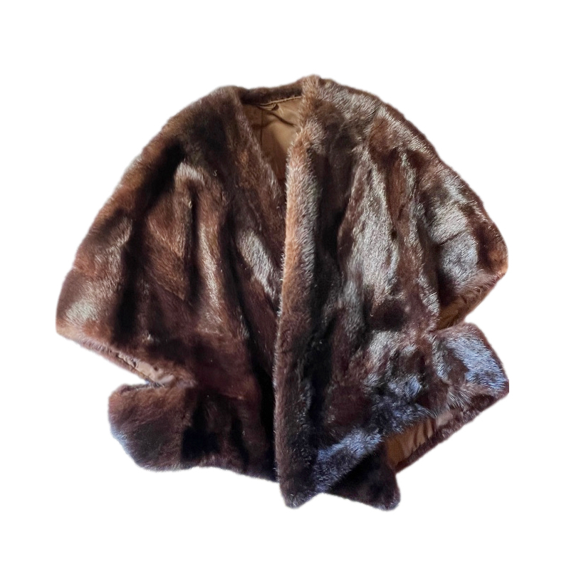 Preowned Saga Bespoke Mink Fur Dark Brown Cape Tan/Brown